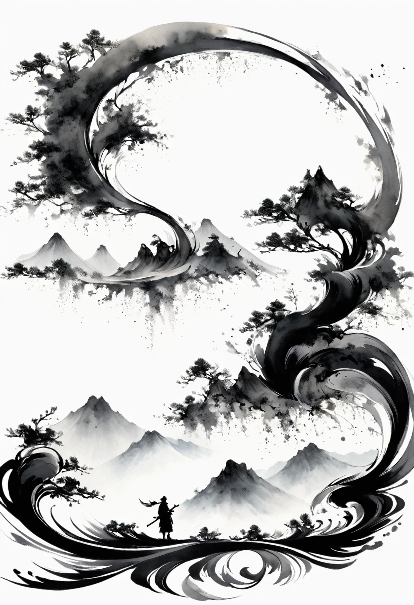 (Lots of white space:1.5),(Lots of white space around:1.6), White background, simple, Minimalism, abstract,Freehand,Aesthetic,black and white,Ink Painting,antiquity,a mountain,A person far away