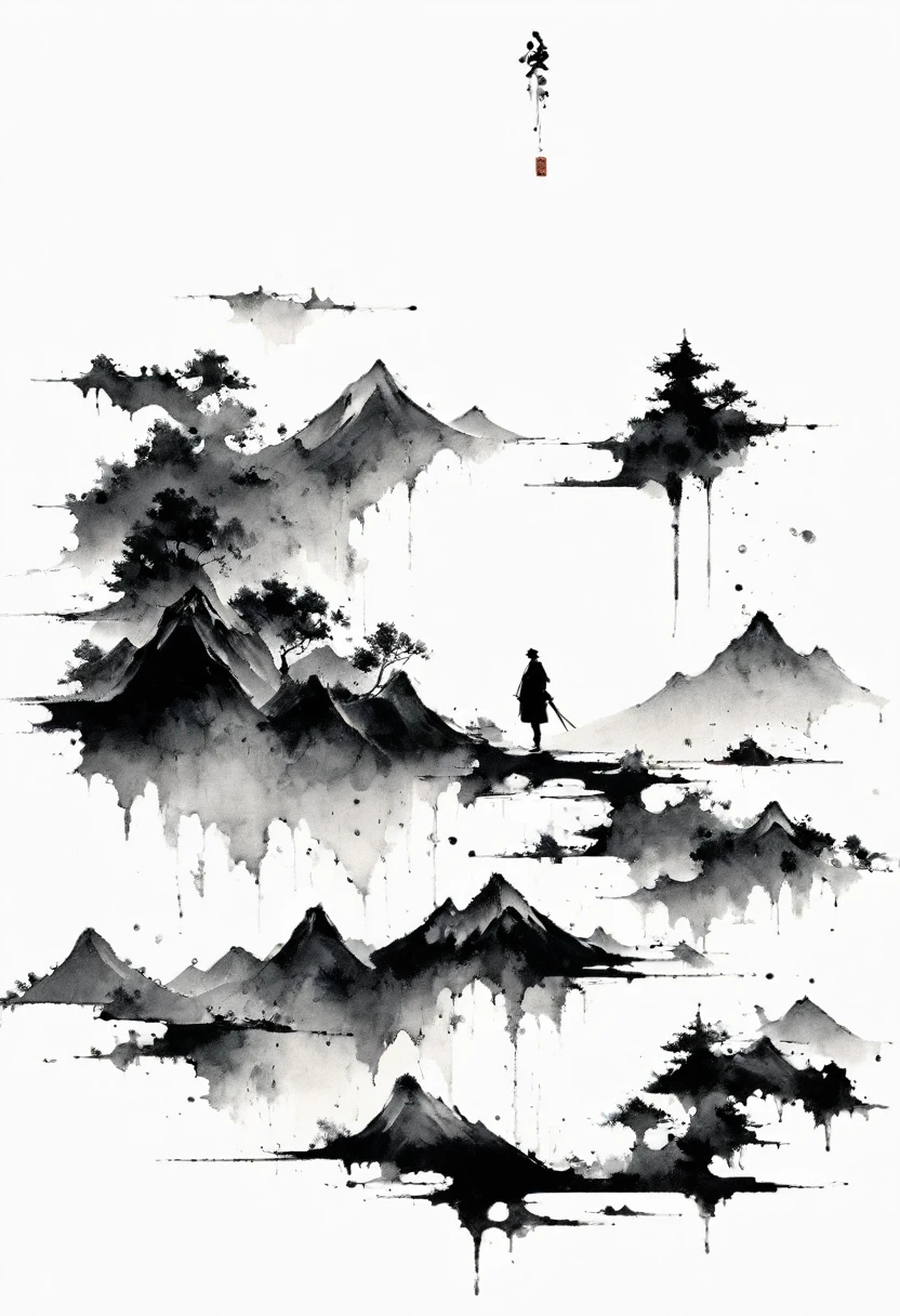 (Lots of white space:1.5)，(Lots of white space around:1.6), White background, simple, Minimalism, abstract,Freehand，Aesthetic，black and white，Ink Painting，antiquity，a mountain，A person far away