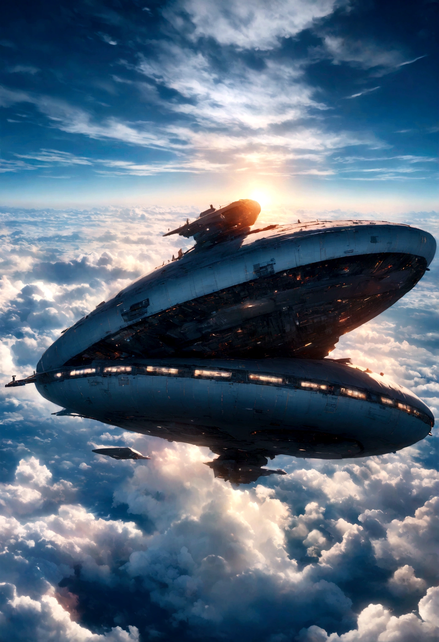 The huge spaceship in the clouds is breathtaking, The spacecraft is marked with the Chinese flag,Very detailed, 8K, use, affectionate, Super real photos, landscape