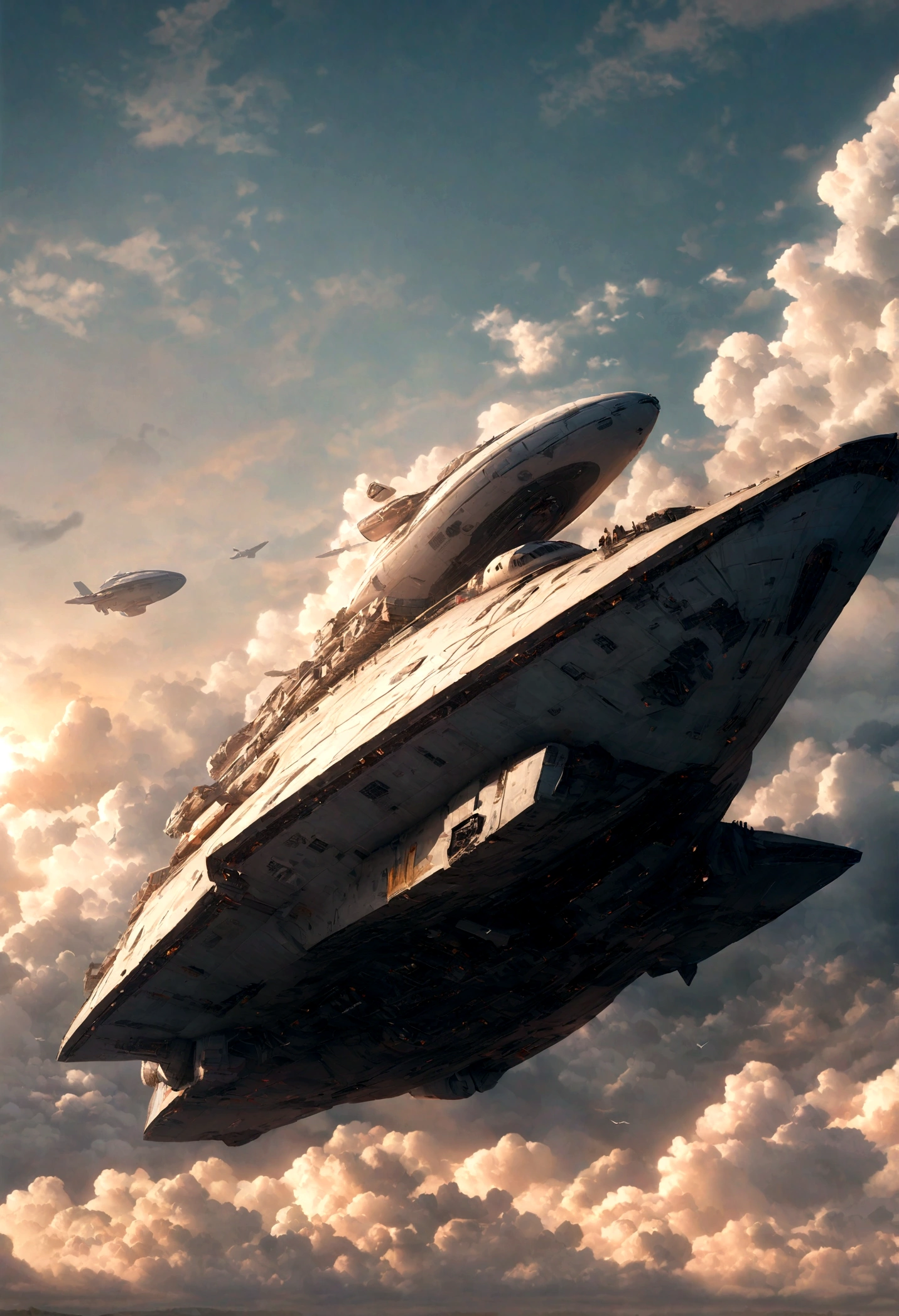 The huge spaceship in the clouds is breathtaking, The spacecraft is marked with the Chinese flag,Very detailed, 8K, use, affectionate, Super real photos, landscape