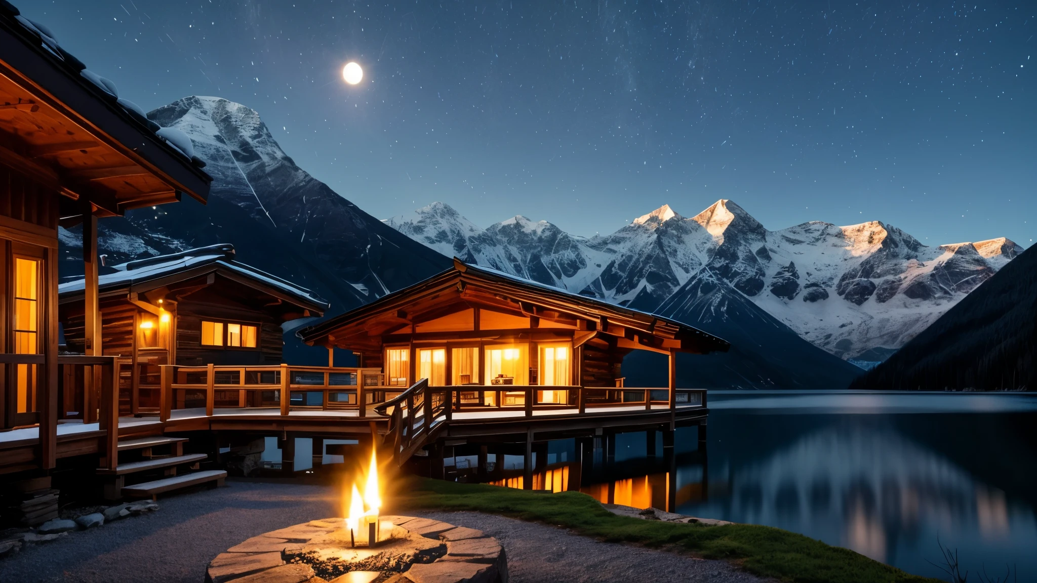 A distant mountain hut in the moonlight、Candle flame、lake、Balcony