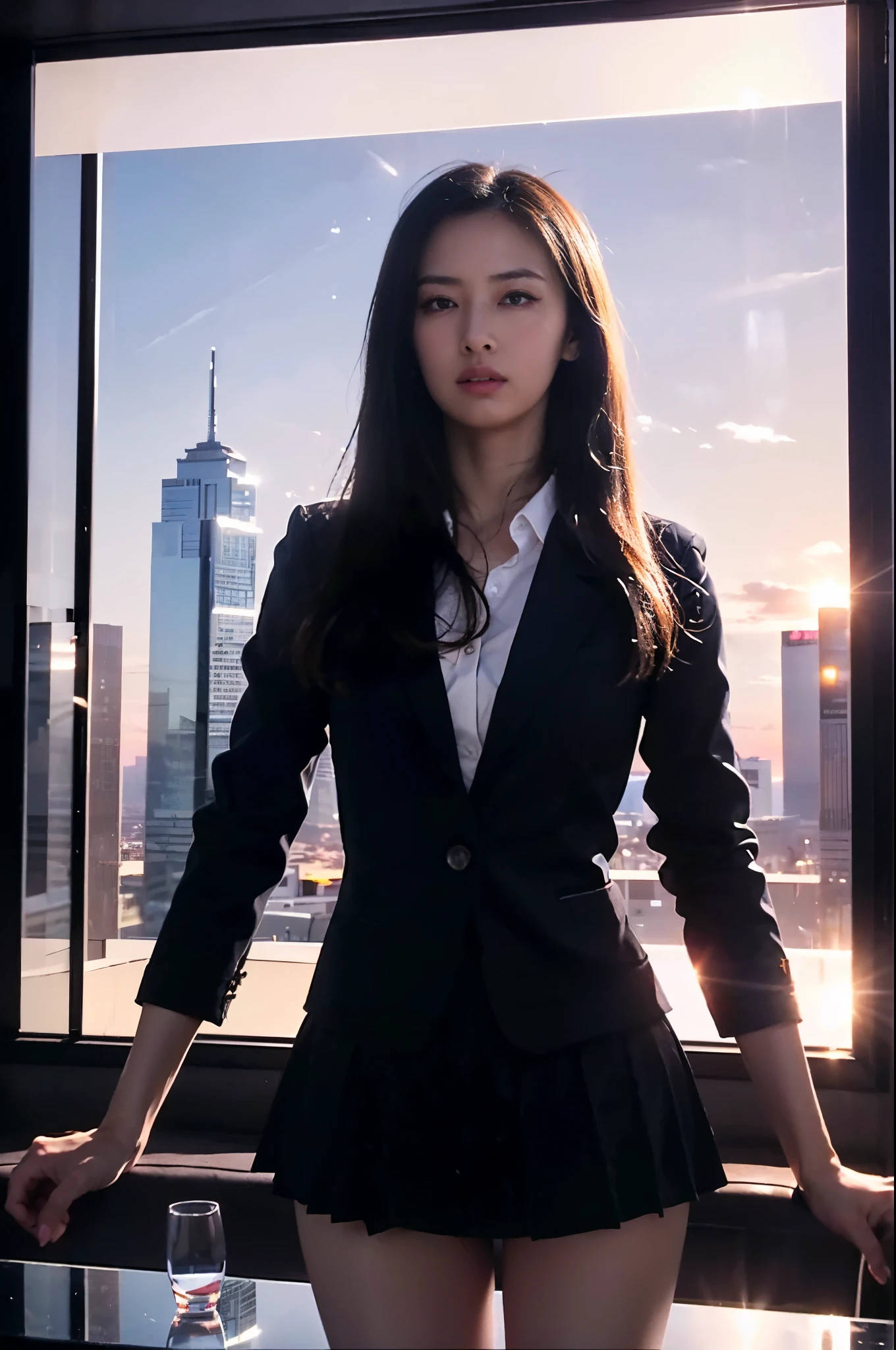 ((Tabletop:1.4, highest quality)), (Photo Real:1.4),
((One Girl)), Shiny black hair, Hair blowing in the wind,
(超A high resolution:1.2), Very delicate and beautiful, wonderful,
Highly detailed CG Unity 8k wallpaper, Super detailed, High resolution, Soft Light,
Beautiful detailed girl, Highly detailed eyes and face, Beautifully detailed nose, Beautiful fine details,
(Dark blue business suit, Skirt:1.4),
Cinema Lighting, Perfect Anatomy, Slender body, Long, slender legs, Was nervous,
(valley of buildings), (Glass skyscraper:1.4), (The bright red sunset clouds are reflected on the building:1.4), (A beautiful form with an inorganic feel),
Cool look, Cowboy Shot