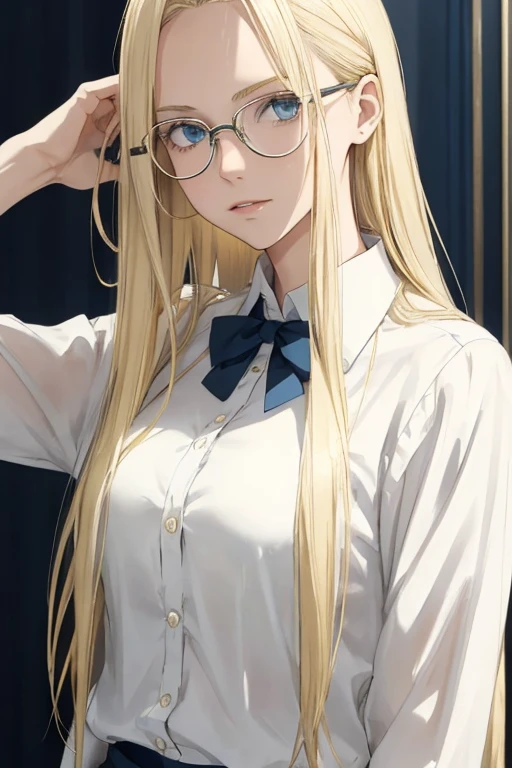 melissa shield, 1girl, solo, long hair, looking at viewe blond hair and white shirt,glasses,yellow hair ,blue eyes