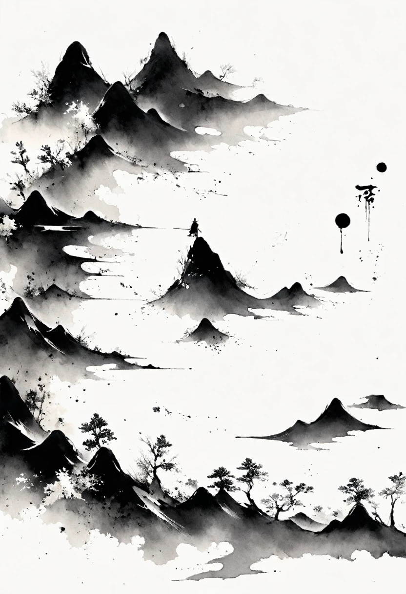 (Lots of white space:1.5),(Lots of white space around:1.6), White background, simple, Minimalism, abstract,Freehand,Aesthetic,black and white,Ink Painting,antiquity,a mountain,A person far away