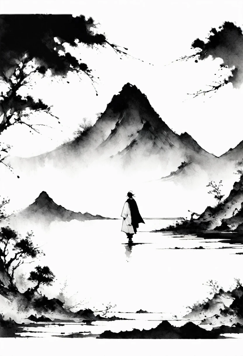 (Lots of white space:1.5)，(Lots of white space around:1.6), White background, simple, Minimalism, abstract,Freehand，Aesthetic，black and white，Ink Painting，antiquity，a mountain，A person far away