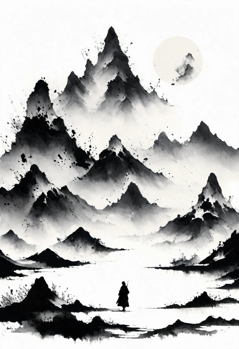 (Lots of white space:1.5)，(Lots of white space around:1.6), White background, simple, Minimalism, abstract,Freehand，Aesthetic，black and white，Ink Painting，antiquity，a mountain，A person far away