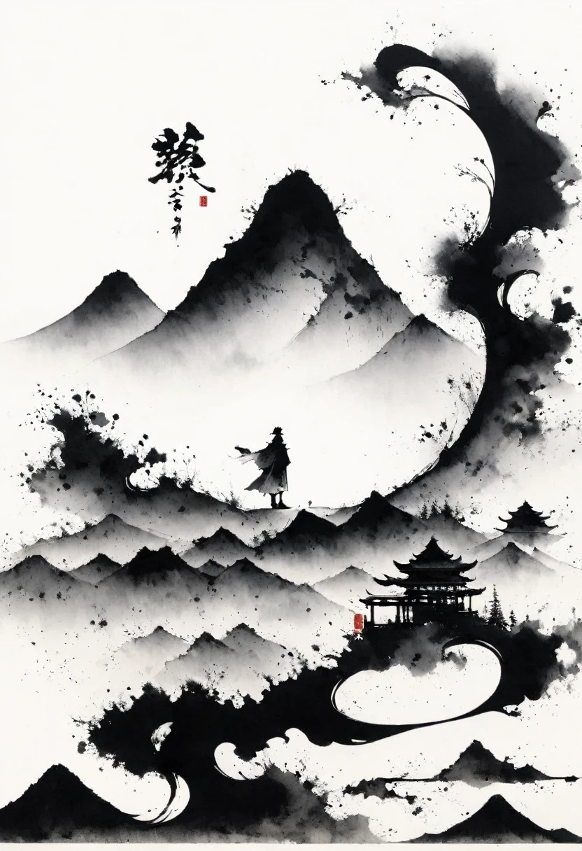 (Lots of white space:1.5),(Lots of white space around:1.6), White background, simple, Minimalism, abstract,Freehand,Aesthetic,black and white,Ink Painting,antiquity,a mountain,A person far away