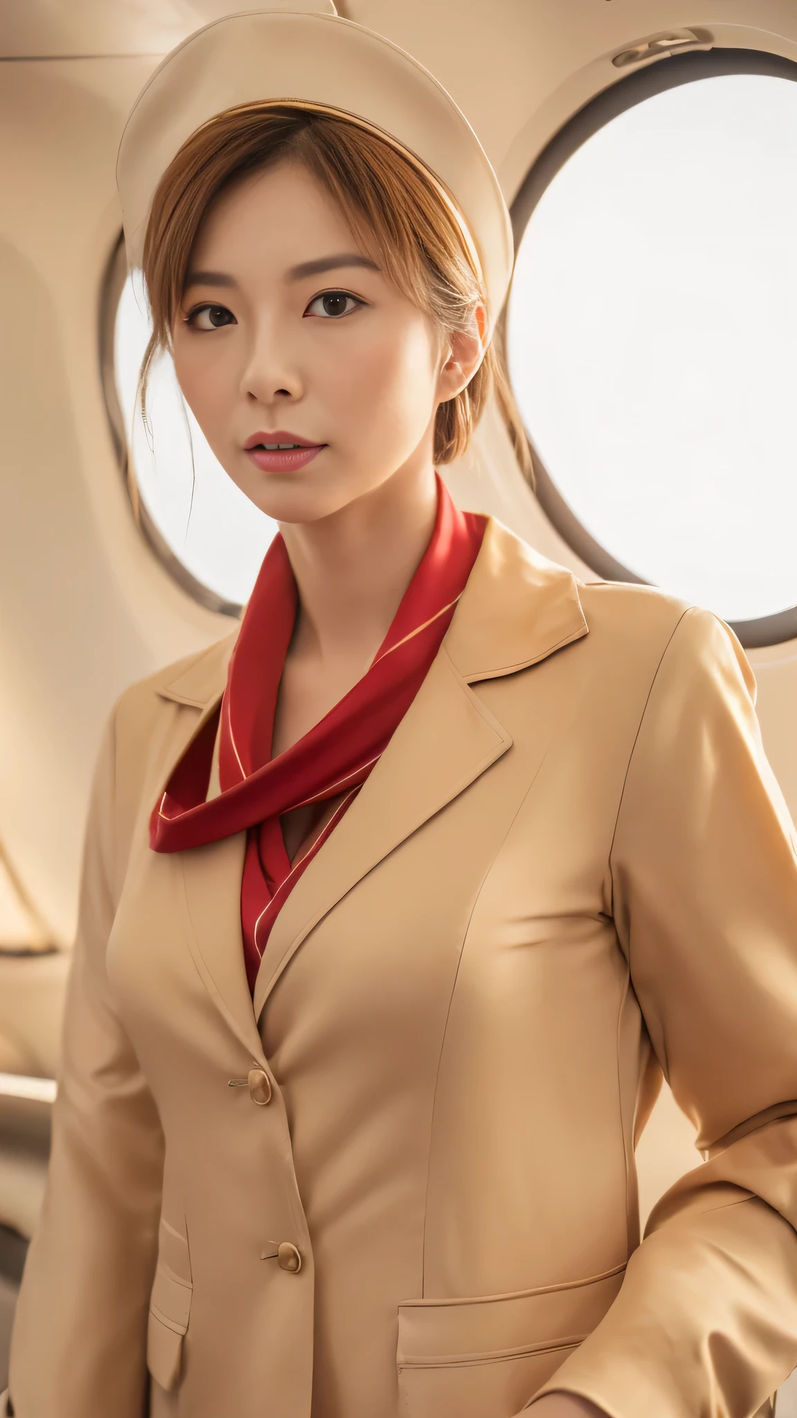 (8k, best quality, masterpiece, golden ratio composition,:1.3), (Zoom out shot:1.2), (A beautiful Japanese mature woman dressed in a classic flight attendant uniform, fitted beige jacket, white blouse, red neck scarf, ,very small and short neck scarf, small red hat ,light makeup:1.3), (huge breasts), standing in an airplane cabin