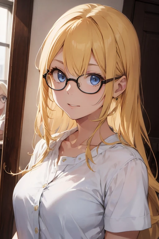 melissa shield, 1girl, solo, long hair, looking at viewe blond hair and white shirt,glasses,yellow hair ,blue eyes