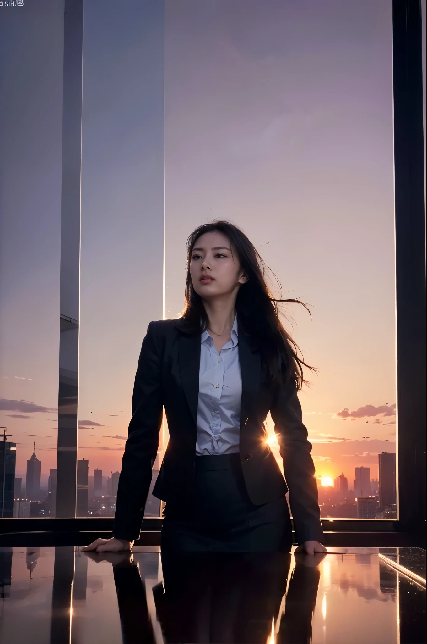 ((Tabletop:1.4, highest quality)), (Photo Real:1.4),
((One Girl)), Shiny black hair, Hair blowing in the wind,
(超A high resolution:1.2), Very delicate and beautiful, wonderful,
Highly detailed CG Unity 8k wallpaper, Super detailed, High resolution, Soft Light,
Beautiful detailed girl, Highly detailed eyes and face, Beautifully detailed nose, Beautiful fine details,
(Dark blue business suit, Skirt:1.4),
Cinema Lighting, Perfect Anatomy, Slender body, Long, slender legs, Was nervous,
(valley of buildings), (Glass skyscraper:1.4), (The bright red sunset clouds are reflected on the building:1.4), (A beautiful form with an inorganic feel),
Cool look, Cowboy Shot