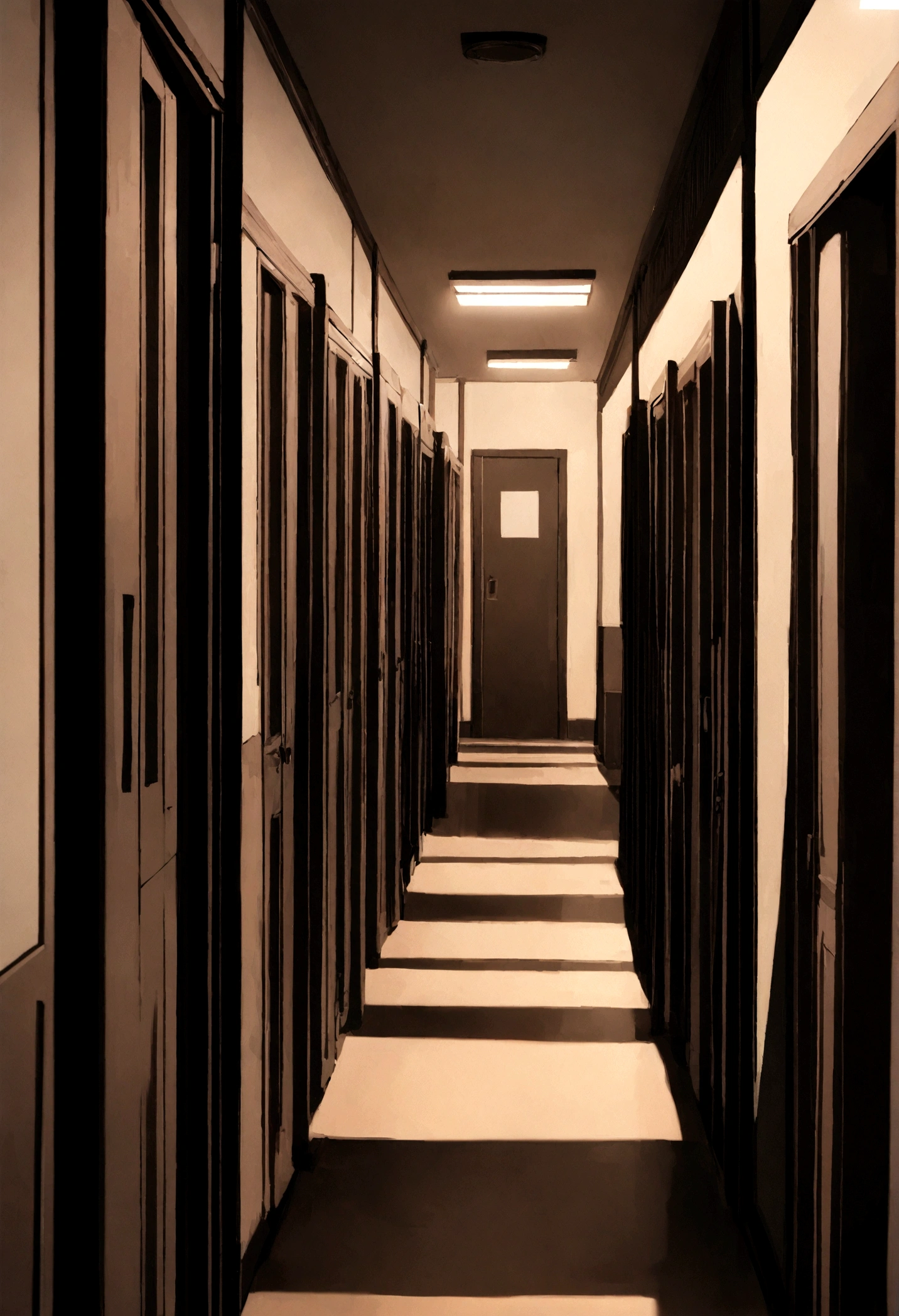 f/16,135mm,captured on canon eos r 6, A wide shot of the school hallways, now empty and quiet. The lights are dimmed, and the shadows are long. Lockers are closed, and classroom doors are slightly ajar, giving an eerie feeling.