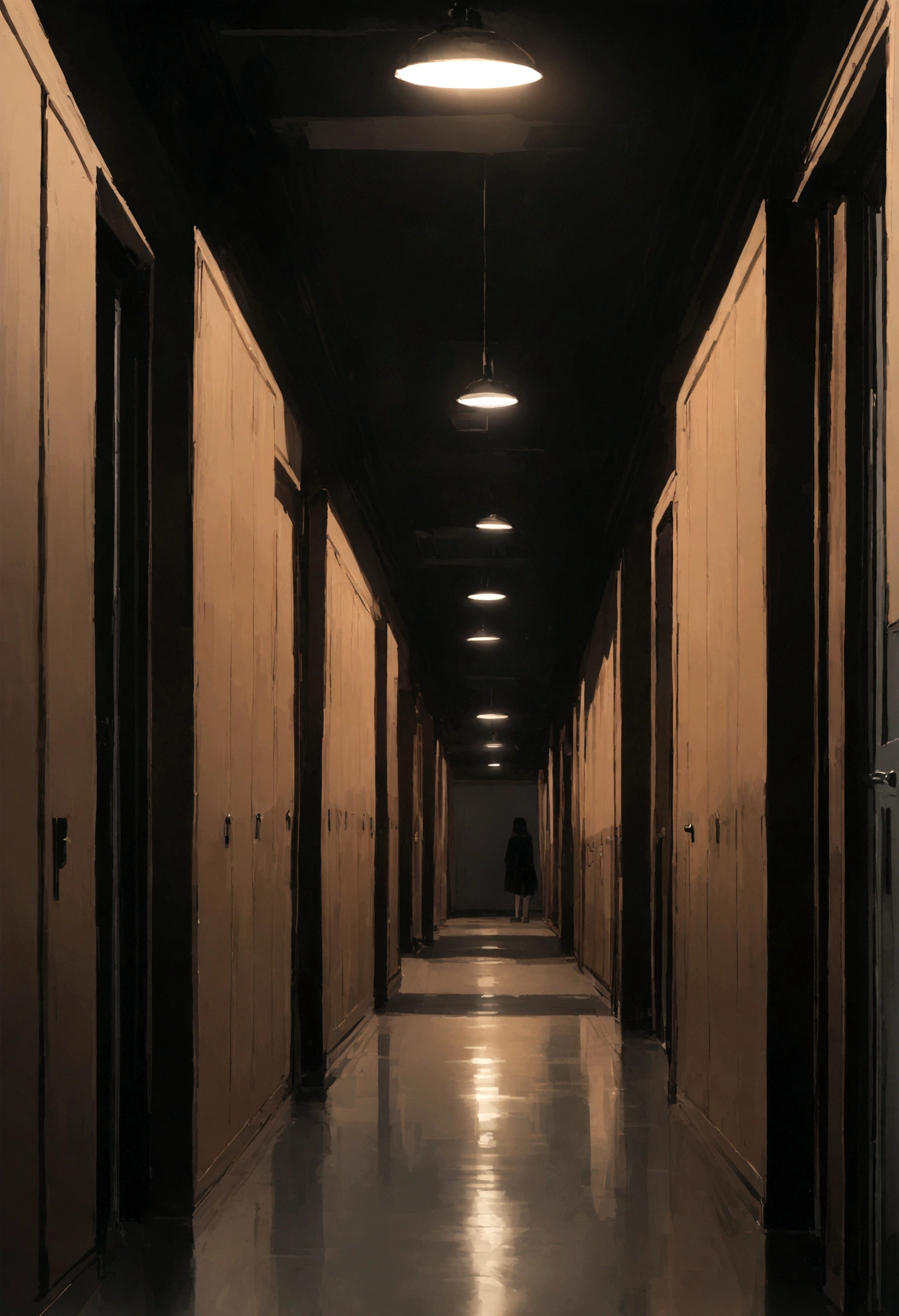 f/16,135mm,captured on canon eos r 6, A wide shot of the school hallways, now empty and quiet. The lights are dimmed, and the shadows are long. Lockers are closed, and classroom doors are slightly ajar, giving an eerie feeling.