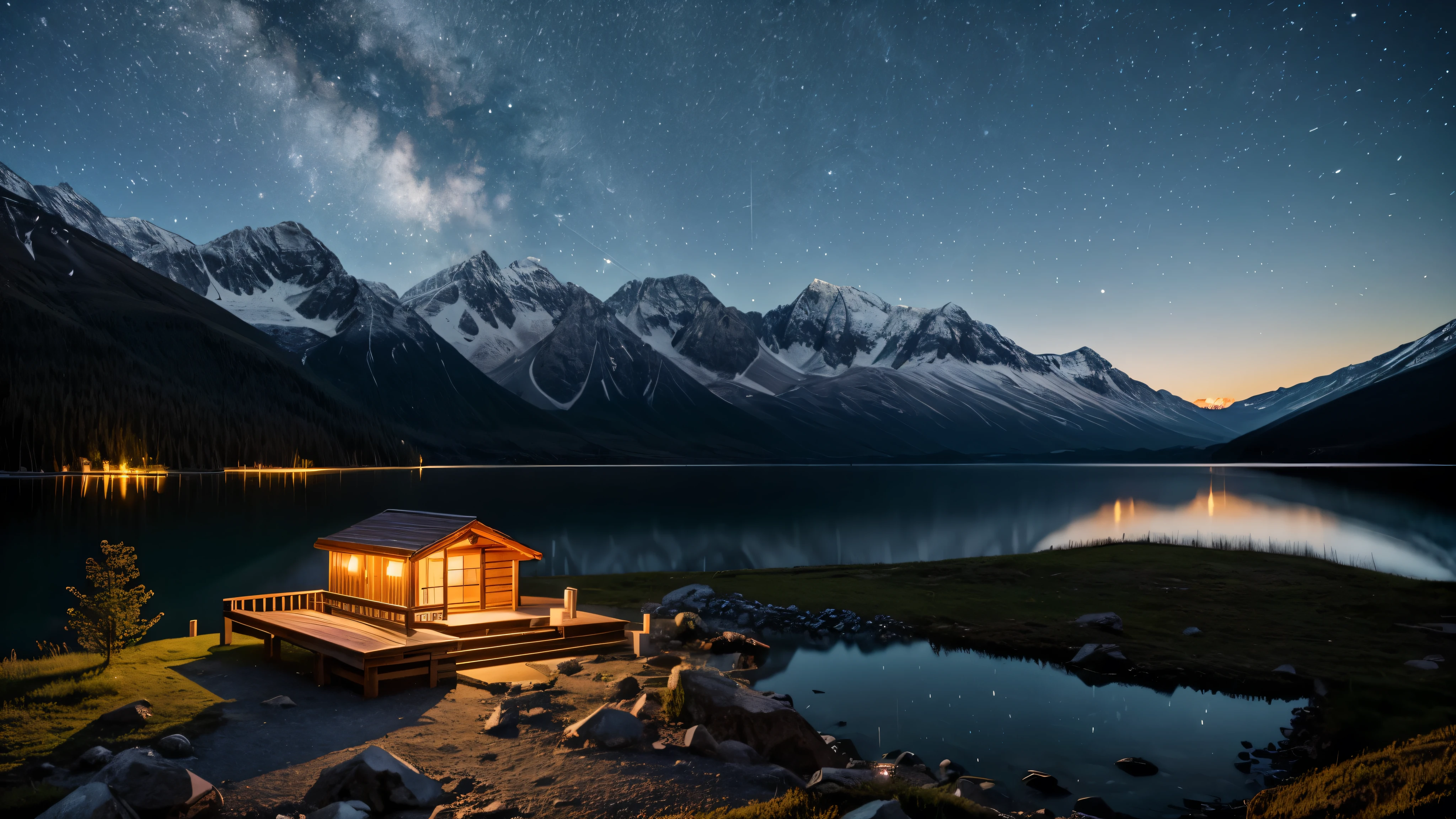 A distant mountain hut in the moonlight、Candle flame、lake、Balcony