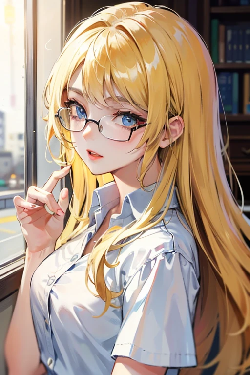 melissa shield, 1girl, solo, long hair, looking at viewe blond hair and white shirt,glasses,yellow hair ,blue eyes