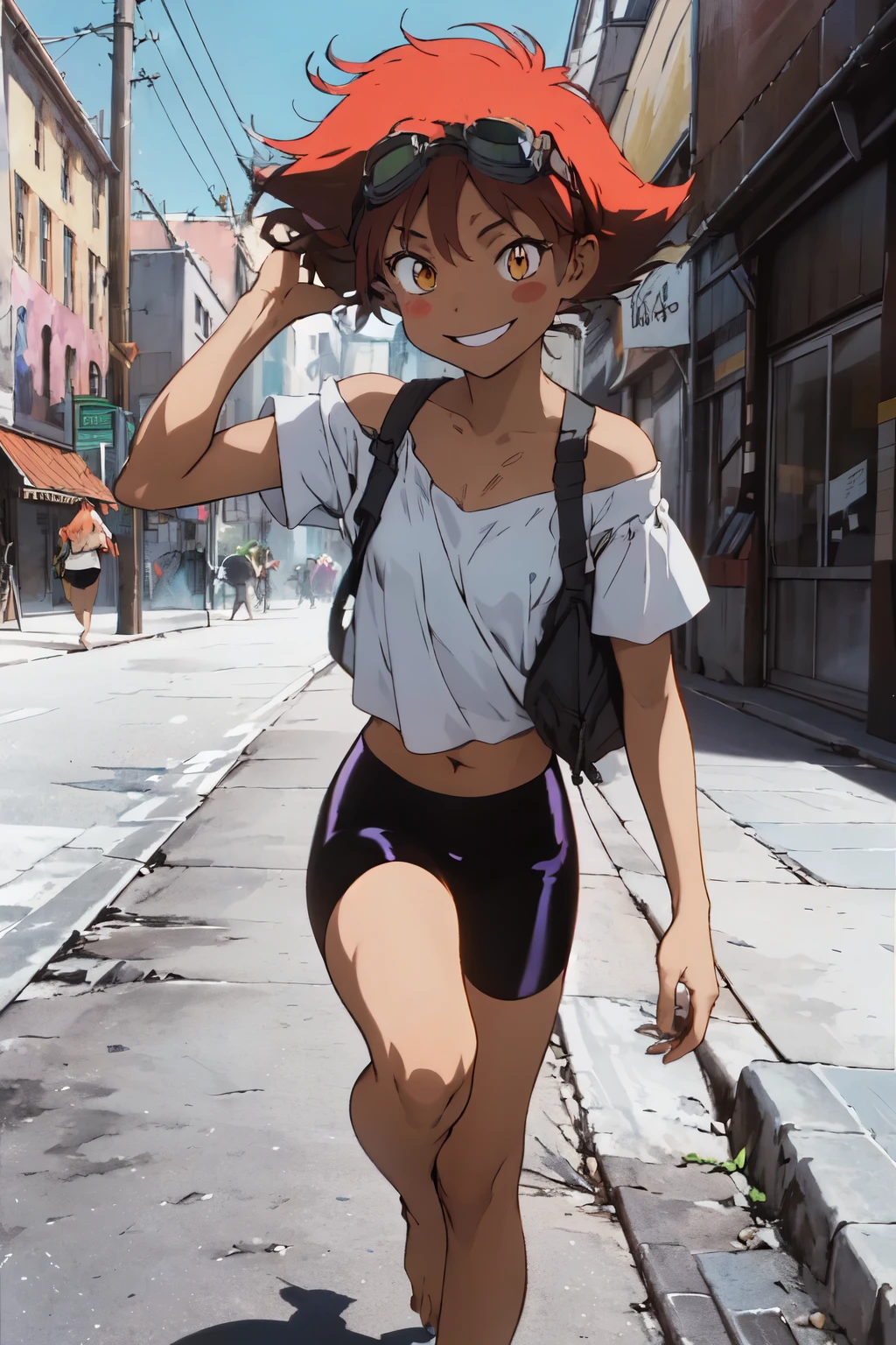 Edward, midriff, orange hair, blush stickers, (tanned skin) (white loose shirt), off shoulder, bike shorts, brown eyes, goggles on head, smile, walking in ruined city, bare feet, full body, looking at viewer (insanely detailed, beautiful detailed face, masterpiece, best quality ,