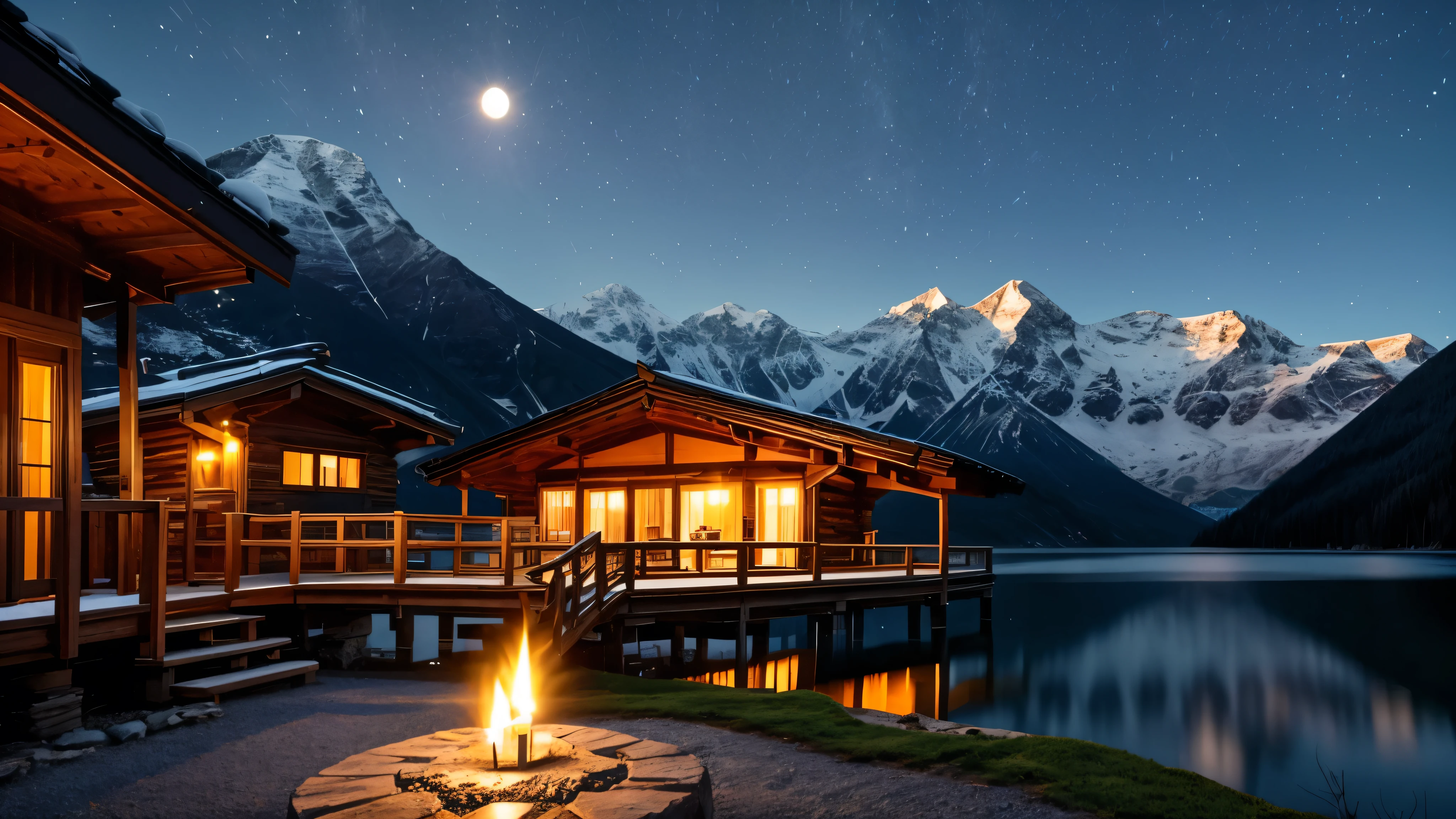 A distant mountain hut in the moonlight、Candle flame、lake、Balcony
