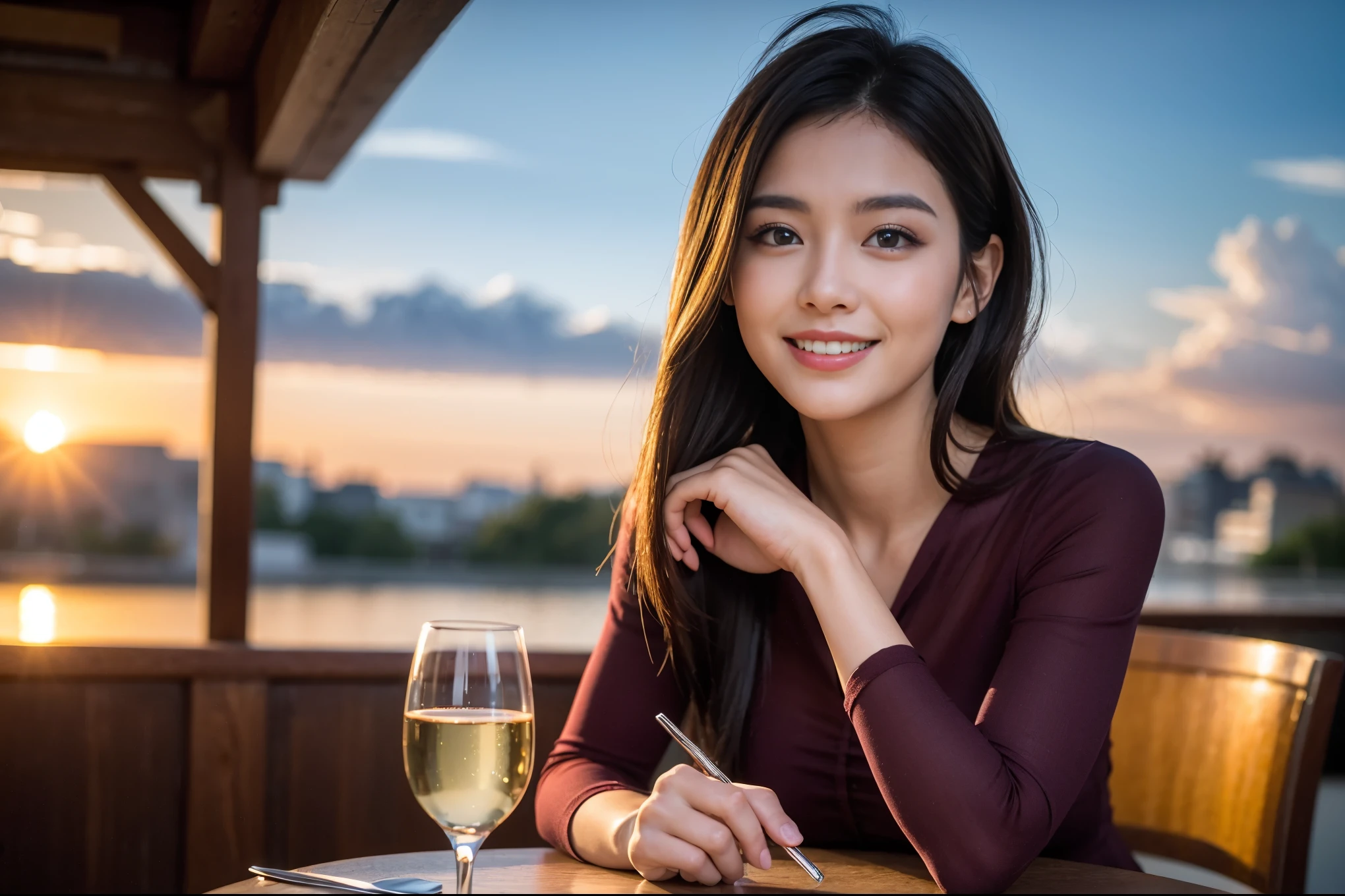 ((highest quality、8k、masterpiece:1.3))、beauty、1 male 1 female、Beautiful couple、A lover who resembles Haruka Ayase、spouse、Handsome Men and Beautiful Women、Spouse、The body is slim、((Bob Hale、Straight hair:1.2)), (Realistic, Intricate details:1.2), full-course dinner,テーブルの上のwine glass、Shine light on your face、 Amazing view of the sunset sky and clouds、A bright smile、The wonderfulness of smile、Bright image、The beauty of wine, Beautiful Face, blue eyes, The light shines on your face, Blushing, short hair,Bright Face、 (42 years old), 39 years old, red wine 、Appetizers、Italian food、Wine bottle、Champagne、sparkling wine、Two beauties、Brown Hair、Shortcuts、Long sleeve shirt、dress、Pretty Woman 1, (slimな顔), (The body is slim), (Brown Hair), (Shortcuts), cheeks turn a little red,Attractive beauty、restaurant, In a prominent place (From the waist up) Nova Frog Style, actress, model, Upper Body, White wine, slim, wine glass, A wine glass placed in the center, smile, (smile: 1.15), Beautiful fine grain, Depth f/2,saturation, High Contrast, Strong light and shadow,Moist Body:1.5、3D texture、Delicate eyes、Brown Hair、The hair is very shiny、
