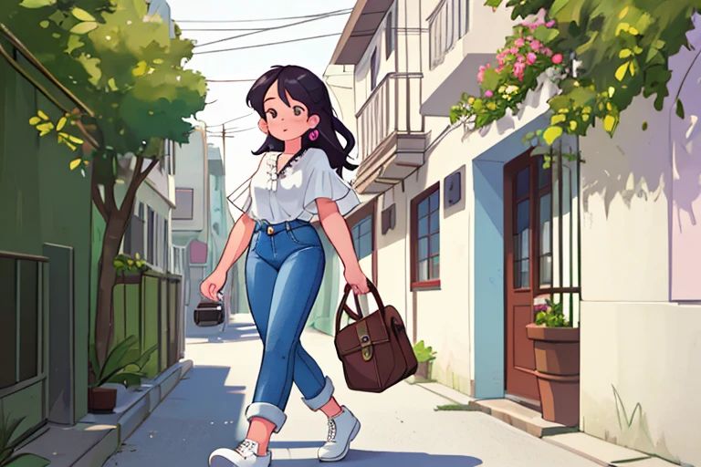 masterpiece, highest quality, Perfect body,Full face,1girl,solo,White blouse,Denim pants,Walking in a residential area