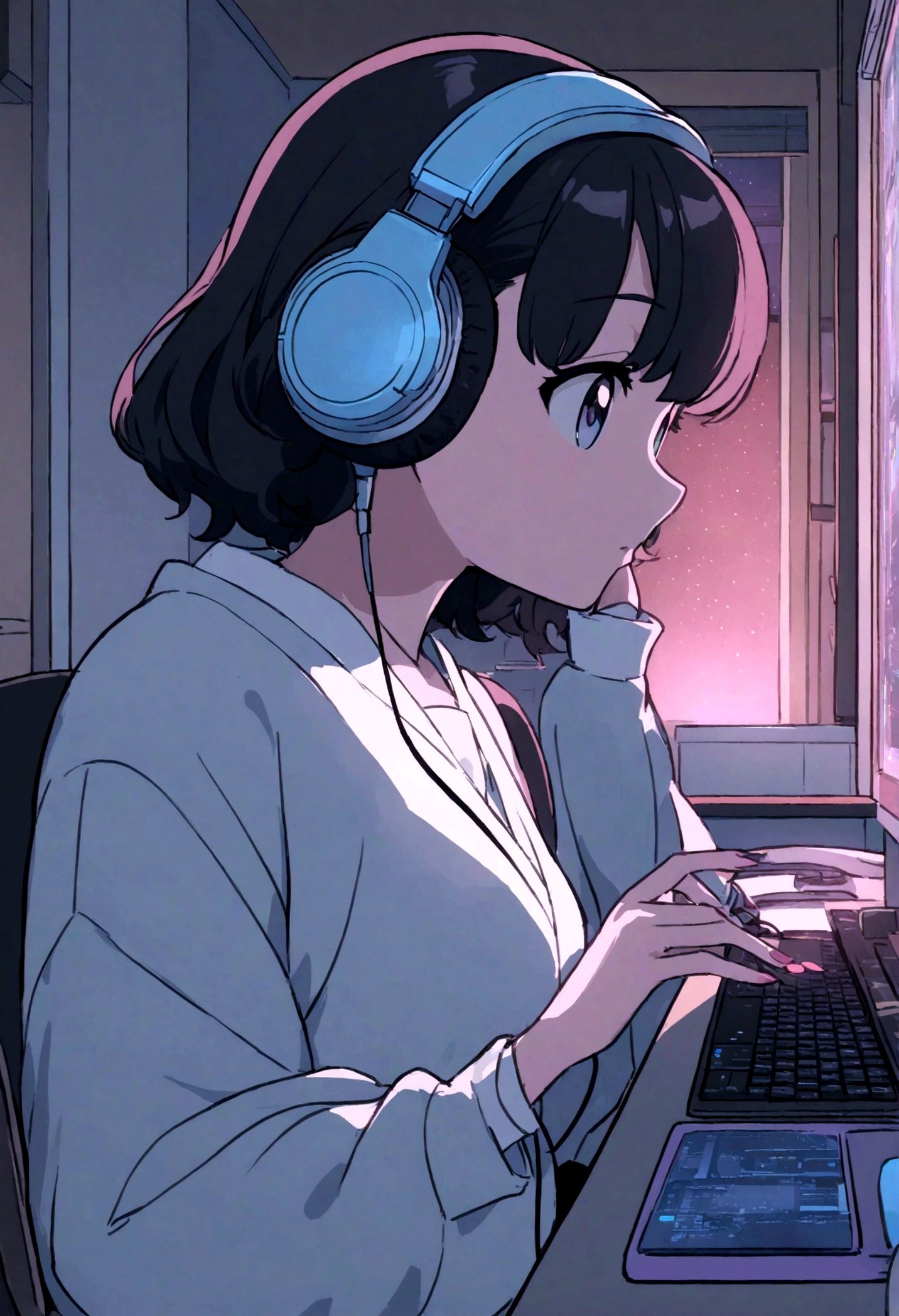 A girl with short black hair typing on a computer while listening to music with headphones in her room、Dim room lighting、Outside the room is a starry sky..、Japanese anime style、City Pop