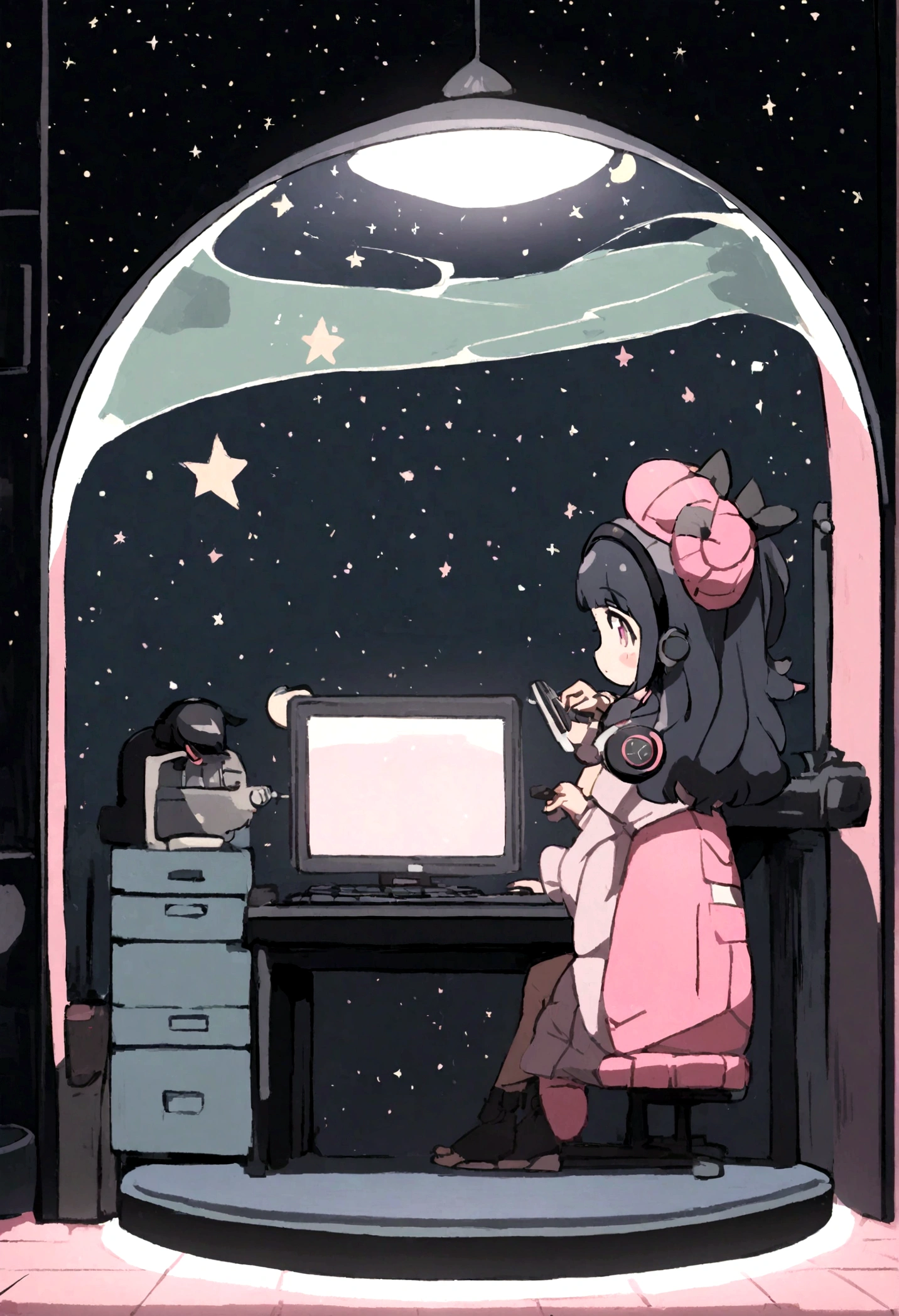 A girl with short black hair typing on a computer while listening to music with headphones in her room、Dim room lighting、Outside the room is a starry sky..、Japanese anime style、City Pop