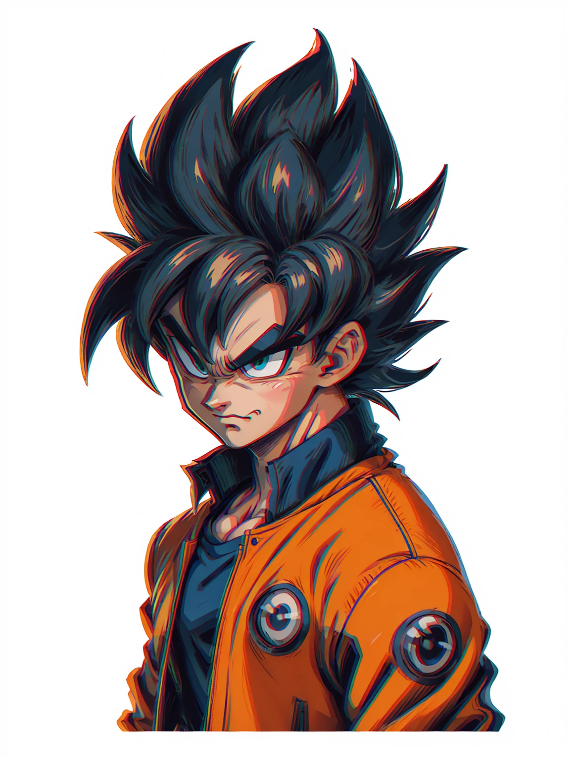 1man, solo, (masterpiece), best quality, ultra-detailed, Son Goku from Dragon Ball Z, super saiyan hair, Retro style, full body. fashion cloth, orange jean jacket, fancy, portrait, upper body, face detail, eyes detail: 1.3, simple background, green eyes, blue shirt, white background, grey shiny hair, ultra instinct
