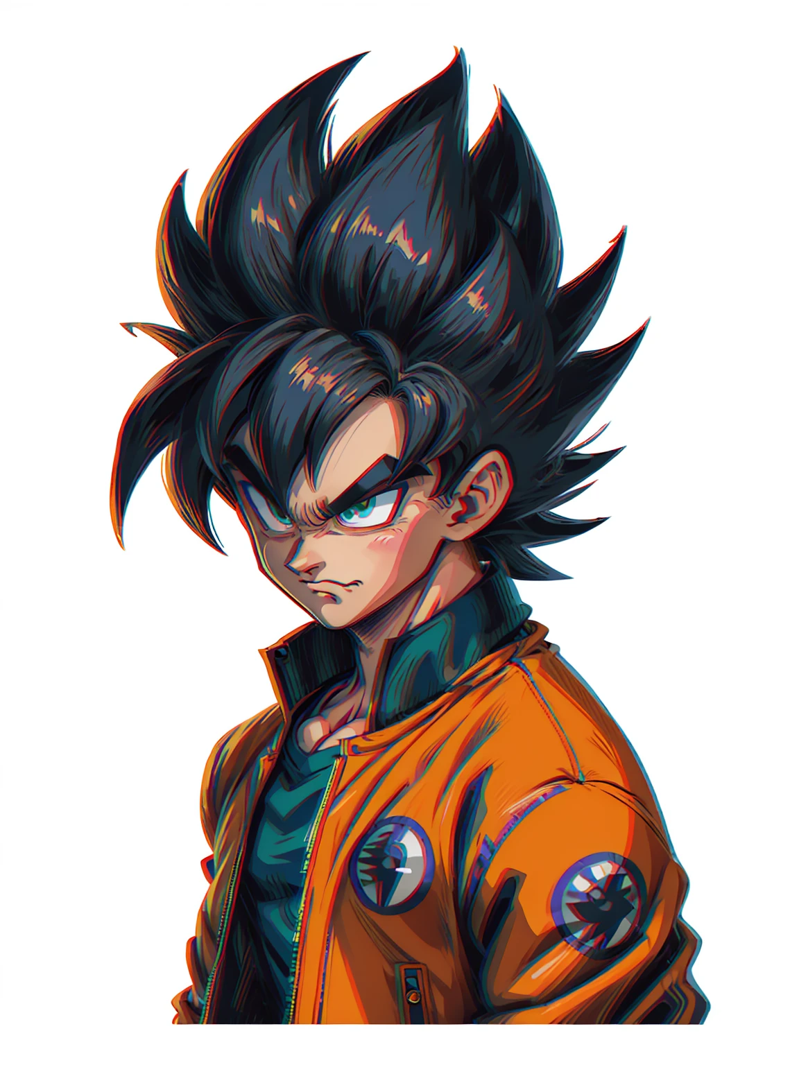 1man, solo, (masterpiece), best quality, ultra-detailed, Son Goku from Dragon Ball Z, super saiyan hair, Retro style, full body. fashion cloth, orange jean jacket, fancy, portrait, upper body, face detail, eyes detail: 1.3, simple background, green eyes, blue shirt, white background, grey shiny hair, ultra instinct
