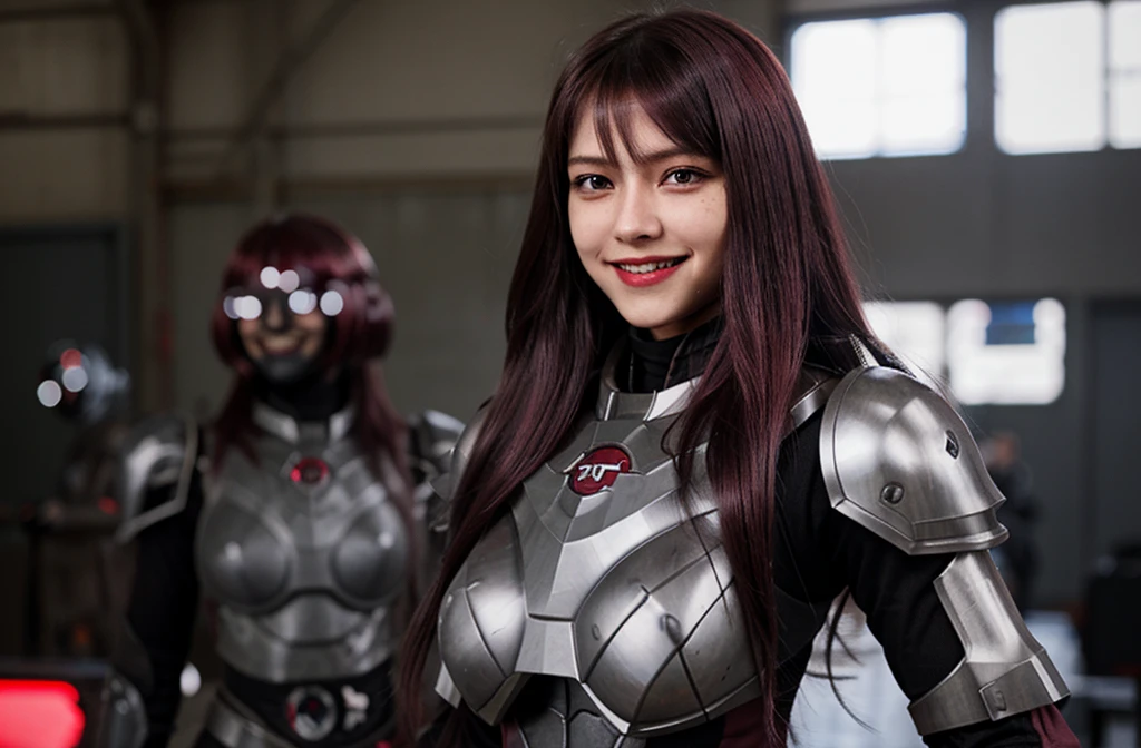 Armoured girl, realistic, long hair, maroon black robotics, smile,