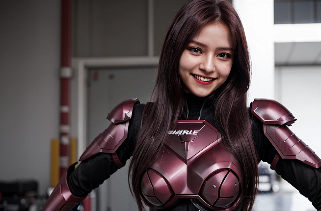 Armoured girl, realistic, long hair, maroon black robotics, smile,