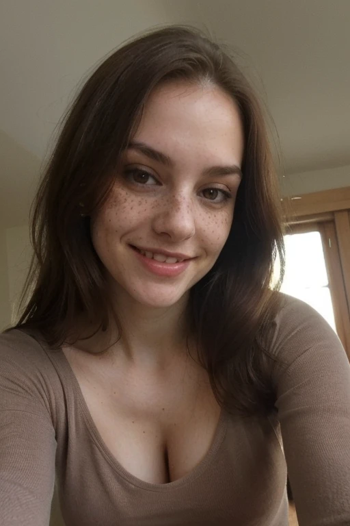 beautiful average looking woman, smile, medium natural breasts, nice body, naked, hairy pussy, huge dark pubic hair, pale skin, pale nipples, ((leaning forward)), (looking at the camera:1.4), (highest quality), (best shadow), intricate details, interior, brown hair:1.3, dark studio, muted colors, freckles, ((show full body)),