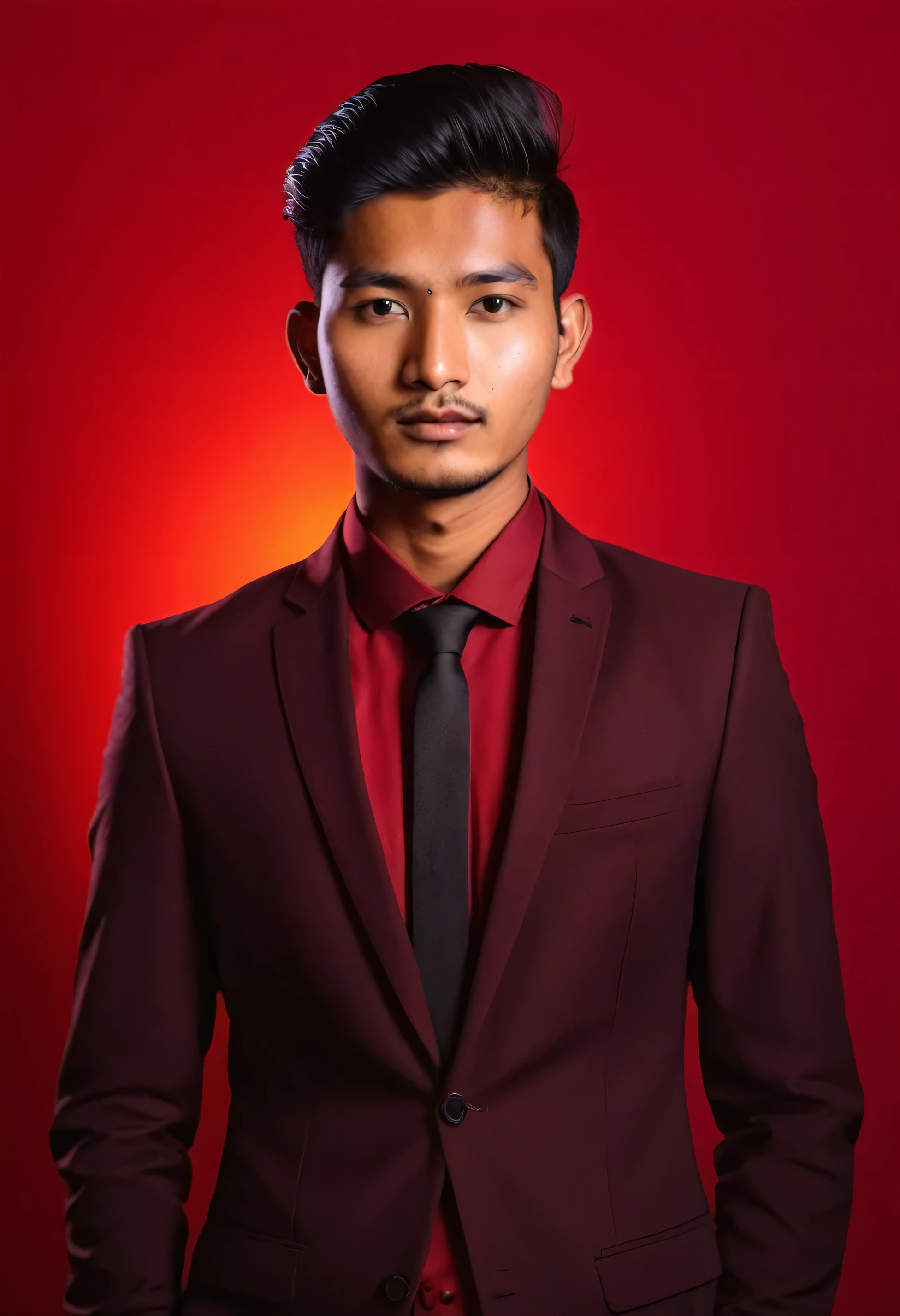 22 year old nepali boy with fair skin with round face and narrow body posing for a LinkedIn profile picture in formals in red light background 