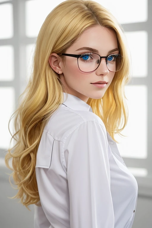 melissa shield, 1girl, solo, long hair, looking at viewe blond hair and white shirt,glasses,yellow hair ,blue eyes