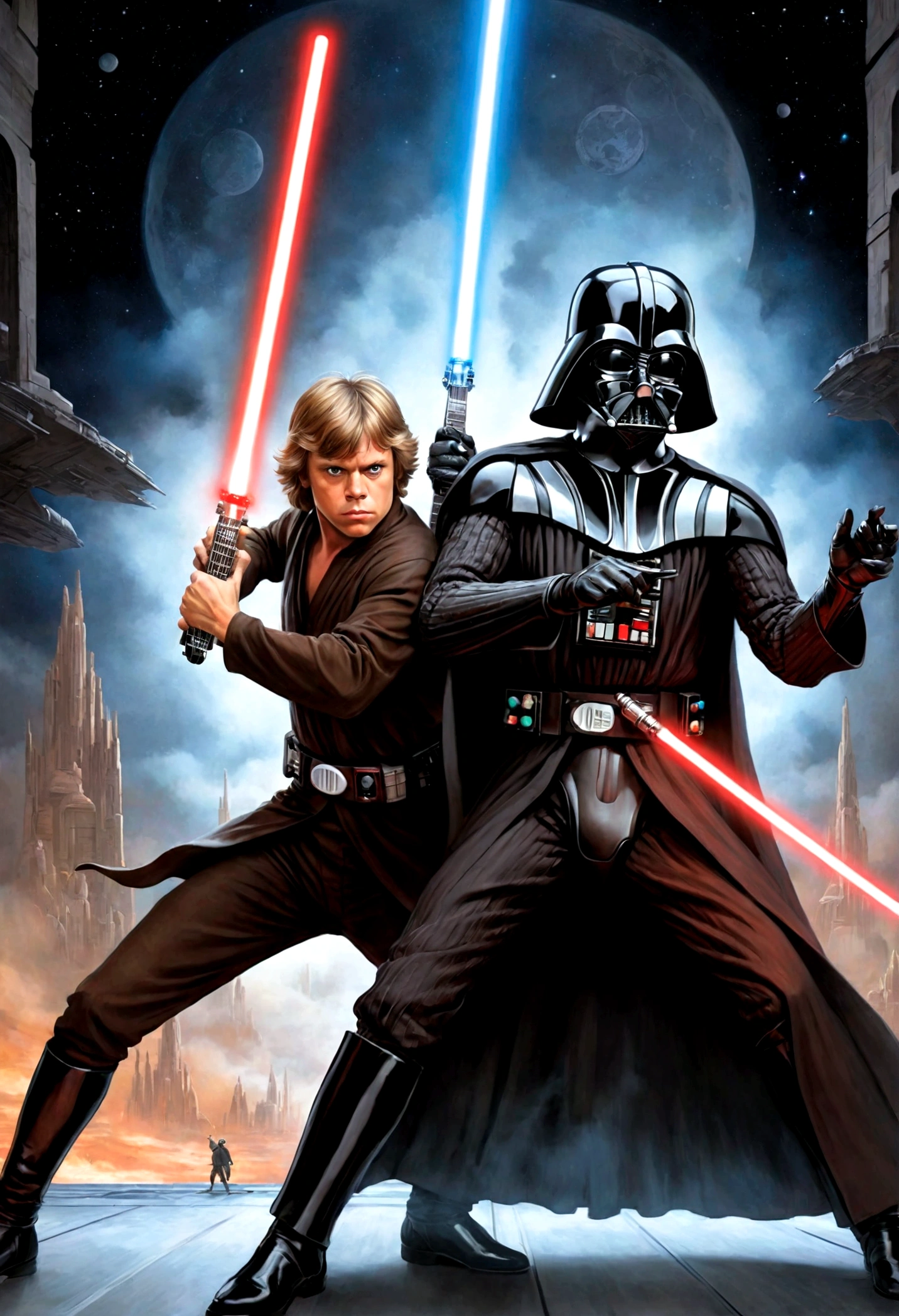 Star Wars rock opera, Luke Skywalker and  Darth Vader are dueling using guitars. emotional, powerful, dramatic, dueling power ballads, Bespin Cloud City