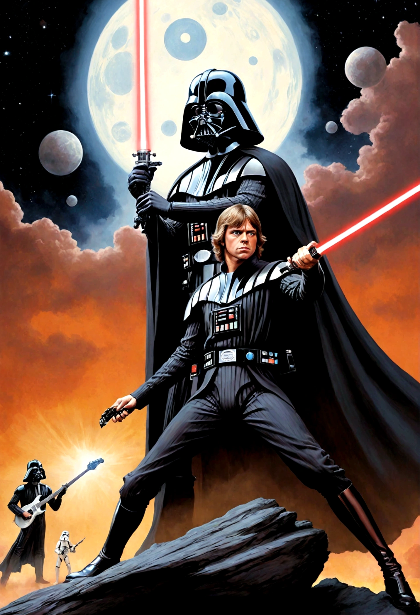 Star Wars rock opera, Luke Skywalker and  Darth Vader are dueling using guitars. emotional, powerful, dramatic, dueling power ballads, Bespin Cloud City