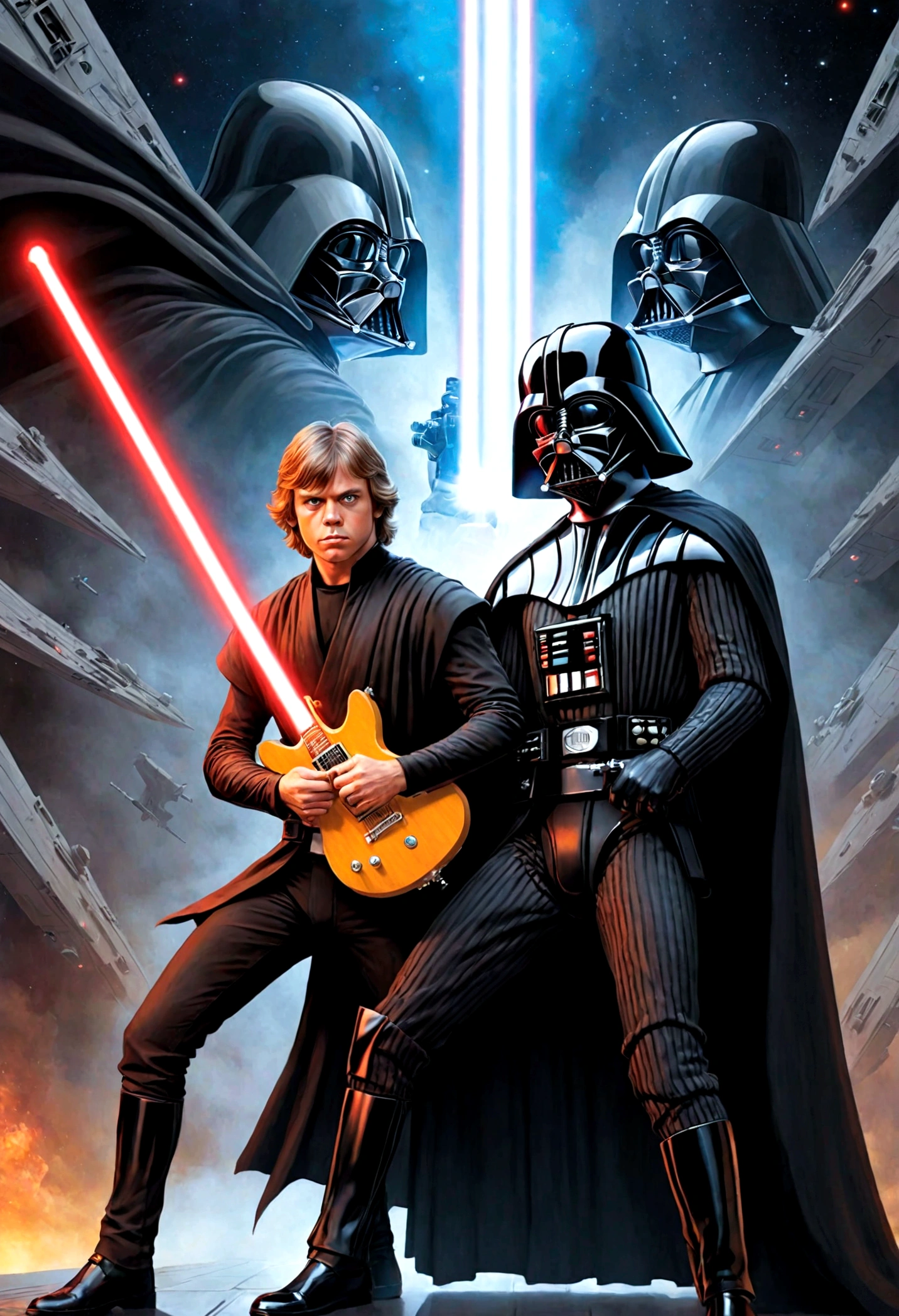 Star Wars rock opera, Luke Skywalker and Darth Vader are dueling using guitars. emotional, powerful, dramatic, dueling power ballads, Bespin Cloud City