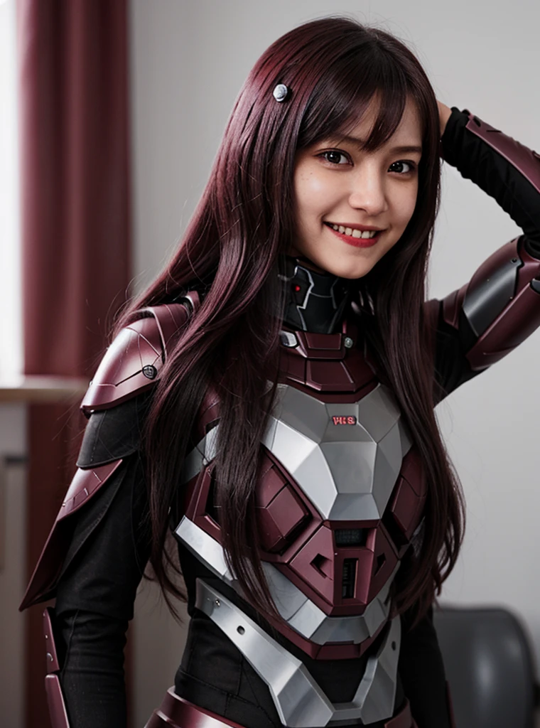 Armoured girl, realistic, long hair, maroon black robotics, smile,