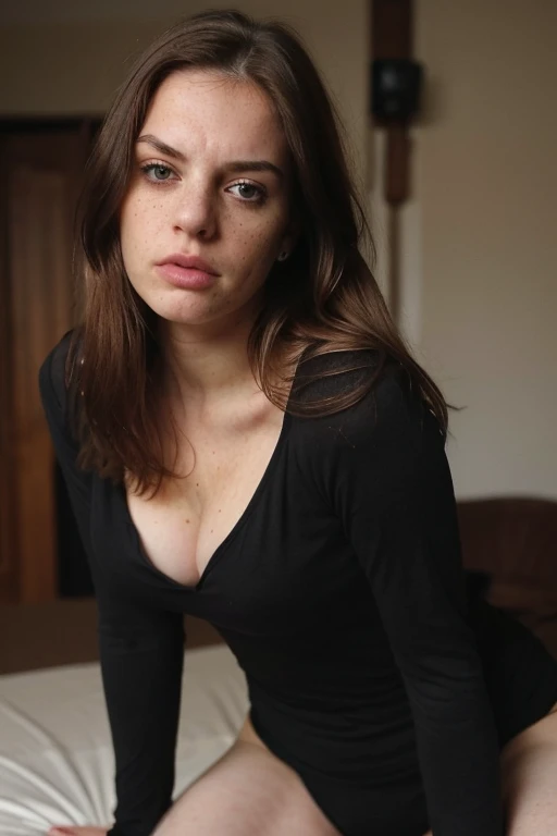 beautiful average looking woman, frowning, angry, small breasts, nice body, tight low cut black long sleeve top, pale skin, cleavage, ((leaning forward)), down blouse, (looking at the camera:1.4), (highest quality), (best shadow), intricate details, interior, brown hair:1.3, dark studio, muted colors, freckles, ((show full body)), wearing no panties