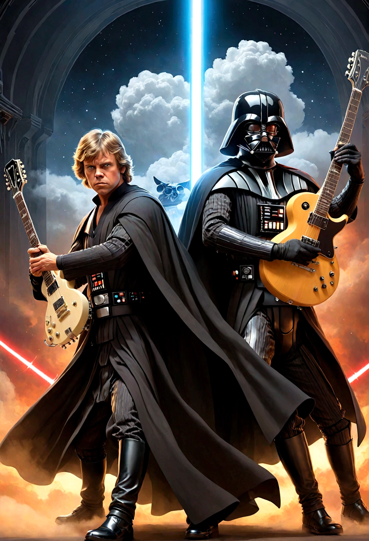 Star Wars rock opera, Luke Skywalker and Darth Vader are dueling using guitars. emotional, powerful, dramatic, dueling power ballads, Bespin Cloud City