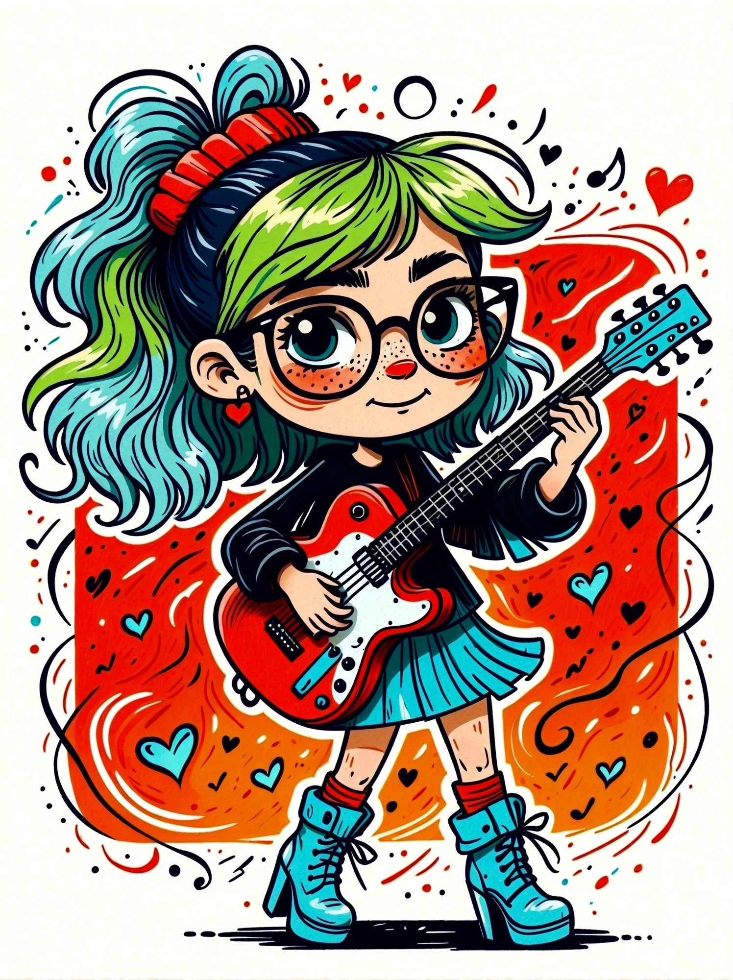 Cartoon hand drawn, 1girl, solo, Lightning energy,Electricity elements,Love tiara,Wearing large heart-shaped glasses,Double ponytail,Blue Highlight Lightning,Wearing bright blue and green square clothes,high-heel boots,Playing guitar,the guitar player, The color palette is in red, orange and black tones and has a sketchy style, The background should have a simple hand-drawn doodle pattern