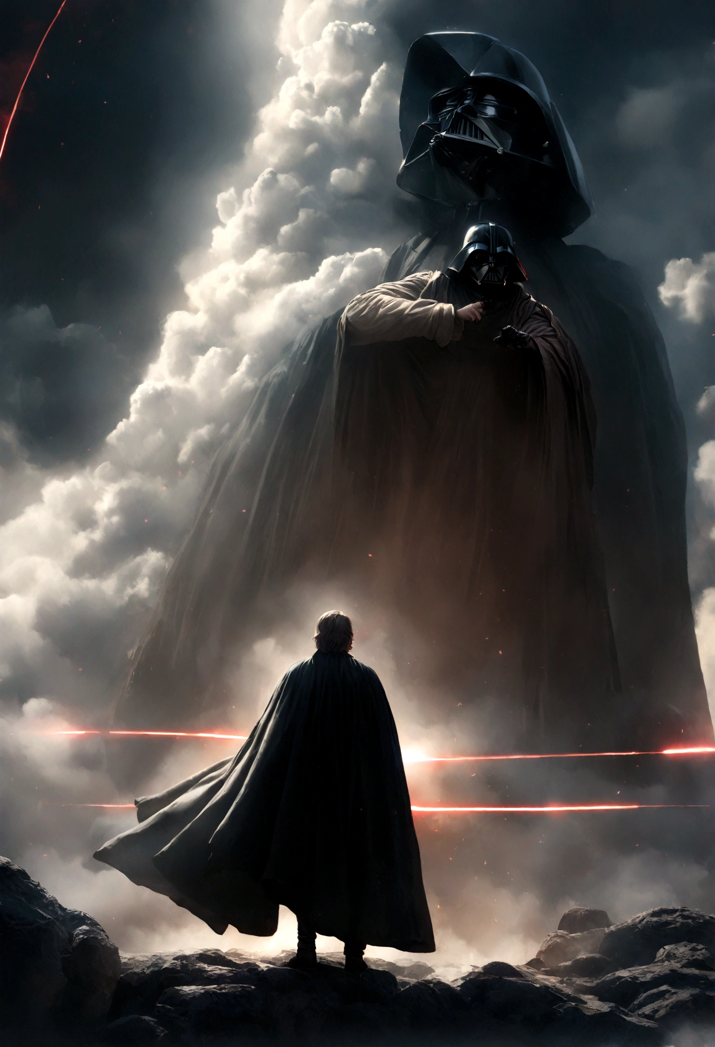 a young man in a dark cloak, Luke Skywalker, dueling with Darth Vader, dramatic power ballad, guitars, cloud city, star wars, rock opera, emotional, powerful, dramatic, cinematic lighting, epic scale, highly detailed, photorealistic, 8k, best quality