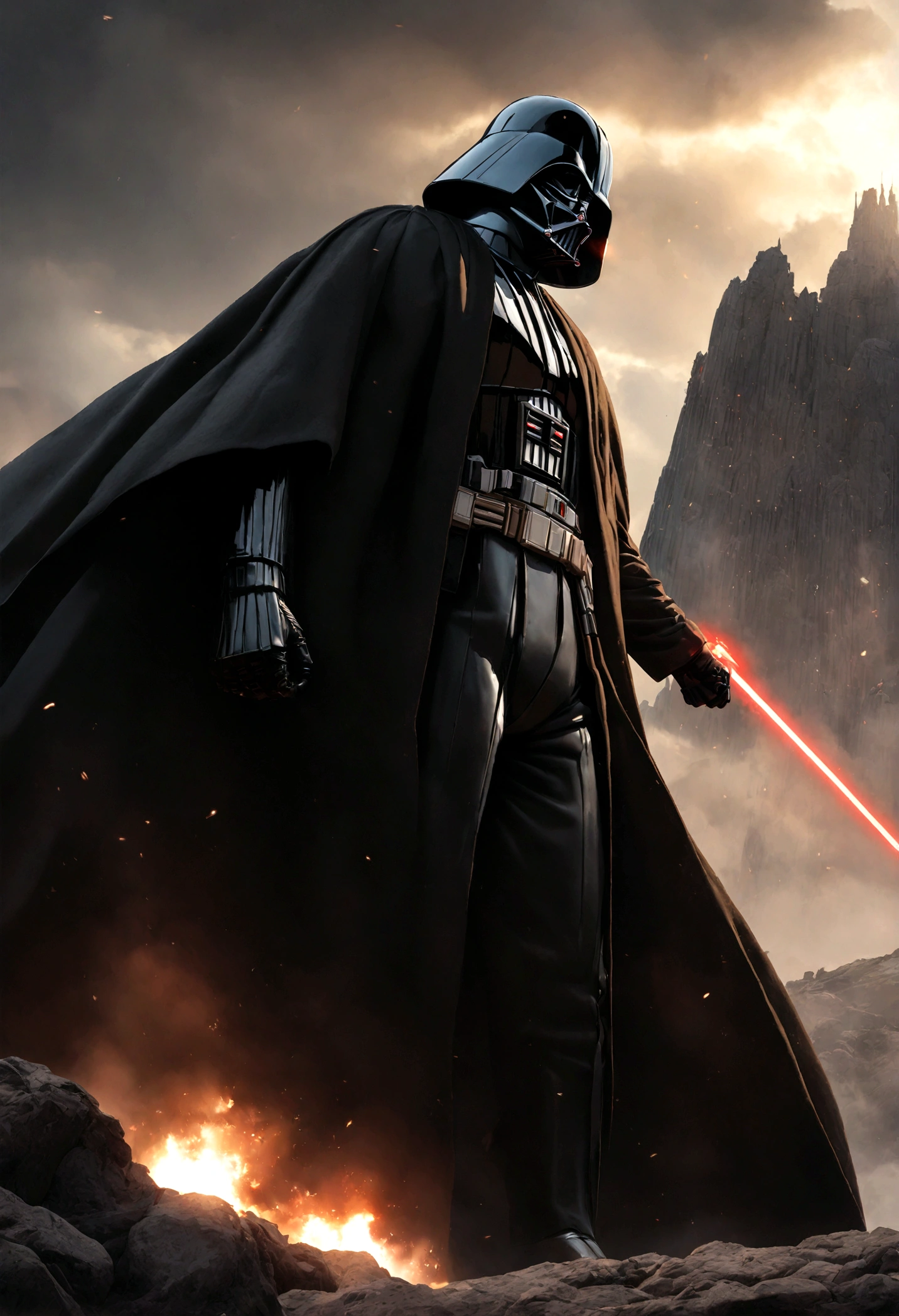 a young man in a dark cloak, Luke Skywalker, dueling with Darth Vader, dramatic power ballad, guitars, cloud city, star wars, rock opera, emotional, powerful, dramatic, cinematic lighting, epic scale, highly detailed, photorealistic, 8k, best quality