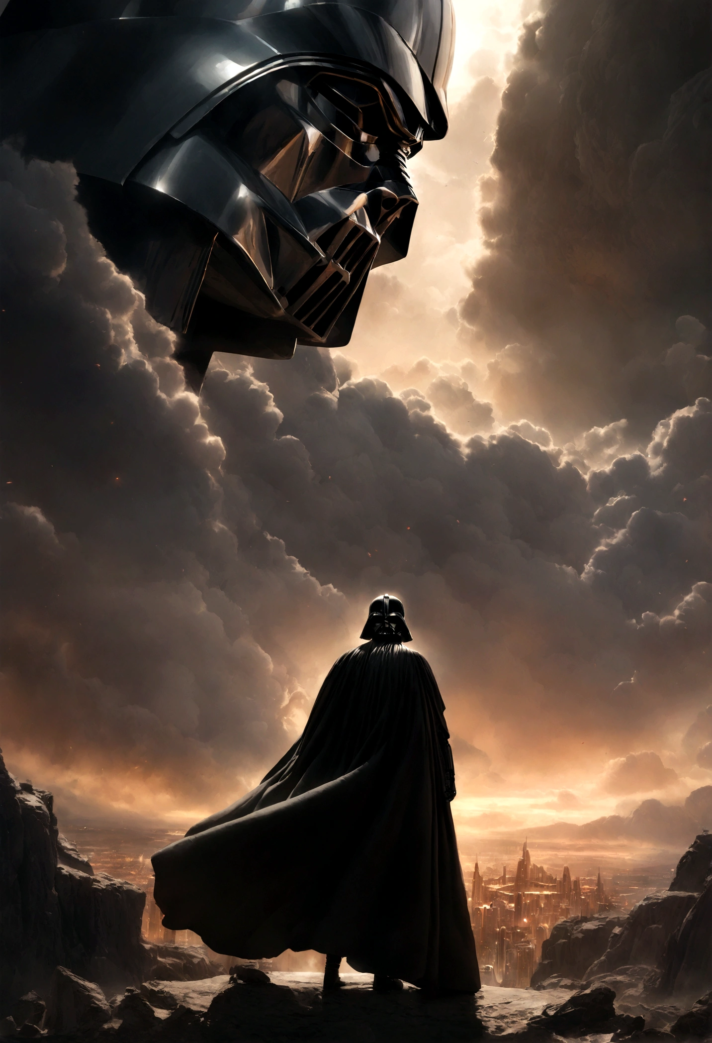 a young man in a dark cloak, Luke Skywalker, dueling with Darth Vader, dramatic power ballad, guitars, cloud city, star wars, rock opera, emotional, powerful, dramatic, cinematic lighting, epic scale, highly detailed, photorealistic, 8k, best quality