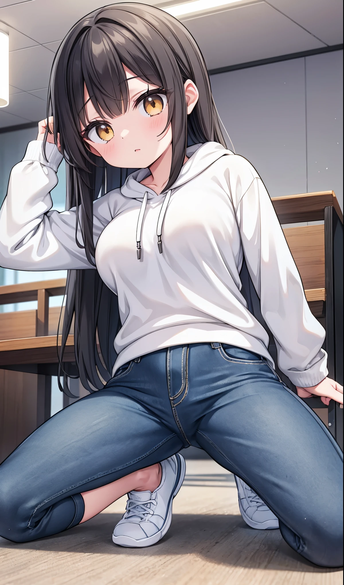 A girl wearing 7-length jeans has a hole in her pussy. No panties and pussy visible