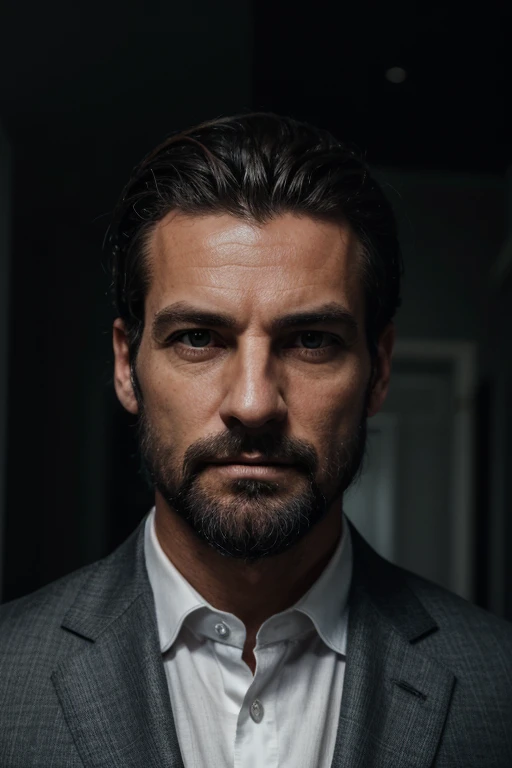 portrait homme, beau visage, 50 ans, cheveux noirs et gris, barbe fournie noire et grise, square jaw, black three piece suit, yeux verts, corps très musclé, look at camera, dark room, dim lamp lighting, vielle maison