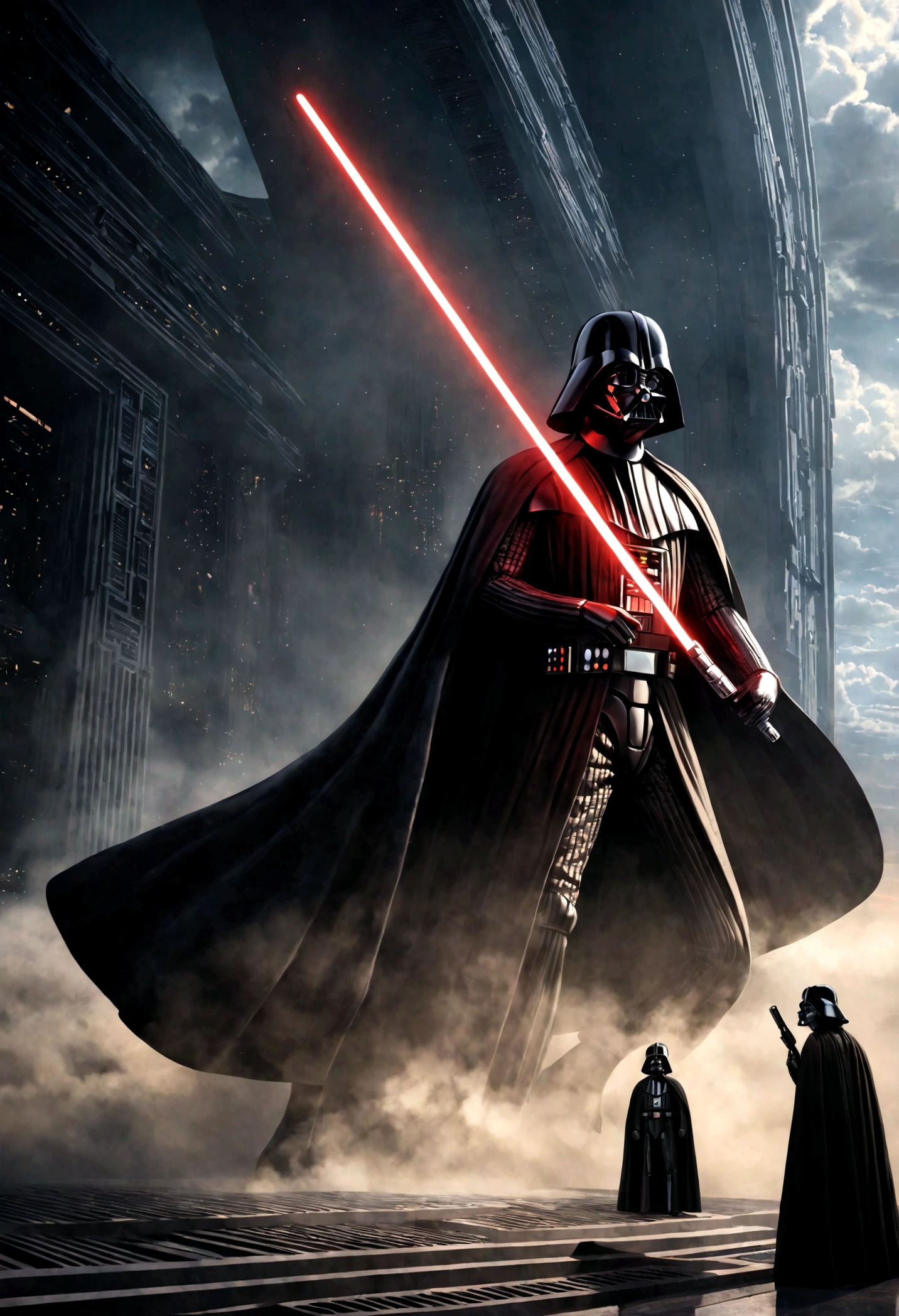 a dramatic battle between Luke Skywalker and Darth Vader, playing powerful, emotional guitar dueling power ballads in the Cloud City of Bespin, cinematic, epic, highly detailed, masterpiece, dynamic lighting, volumetric fog, dramatic shadows, intense colors, chiaroscuro, moody, atmospheric, photorealistic, 8K