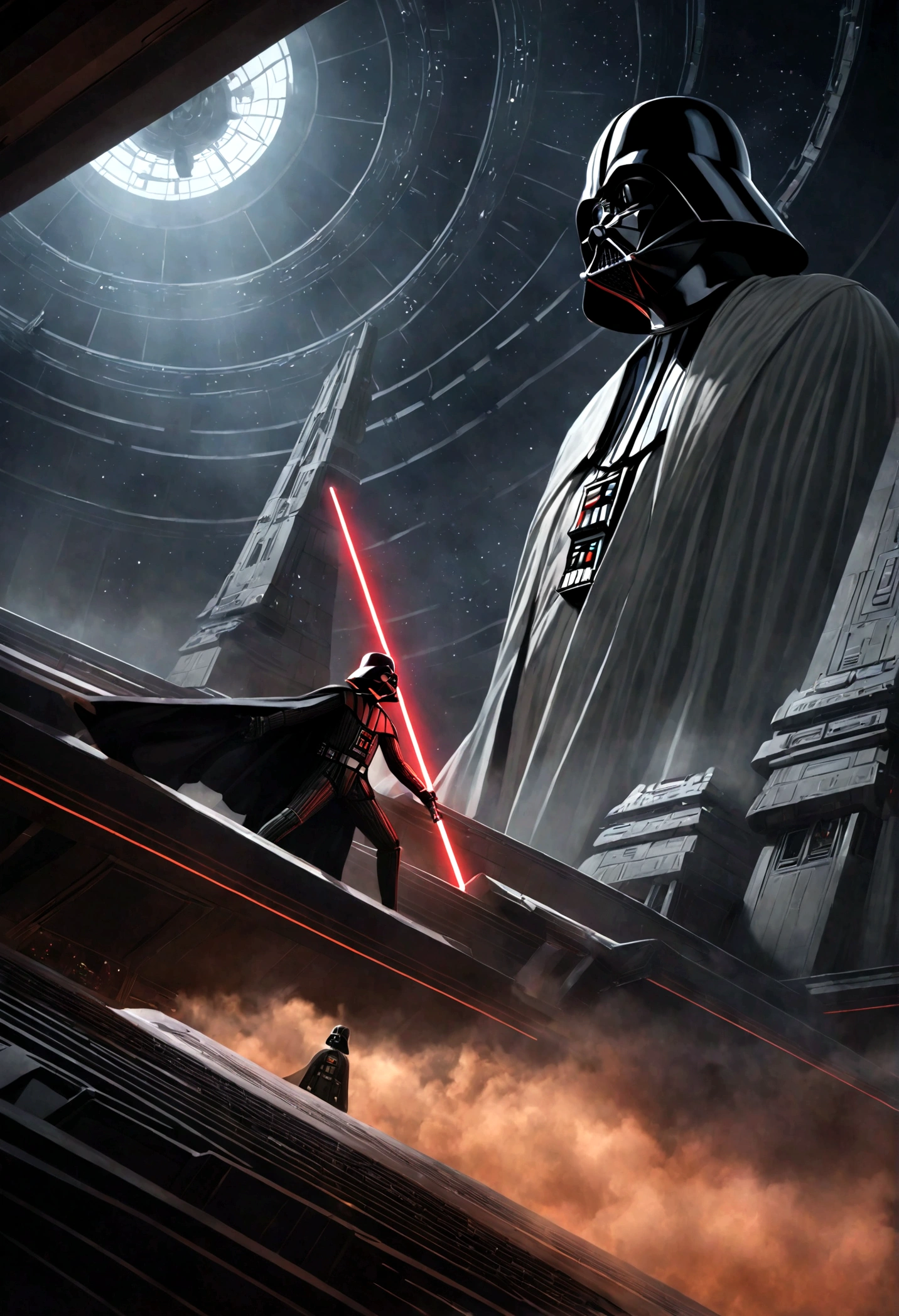 a dramatic battle between Luke Skywalker and Darth Vader, playing powerful, emotional guitar dueling power ballads in the Cloud City of Bespin, cinematic, epic, highly detailed, masterpiece, dynamic lighting, volumetric fog, dramatic shadows, intense colors, chiaroscuro, moody, atmospheric, photorealistic, 8K