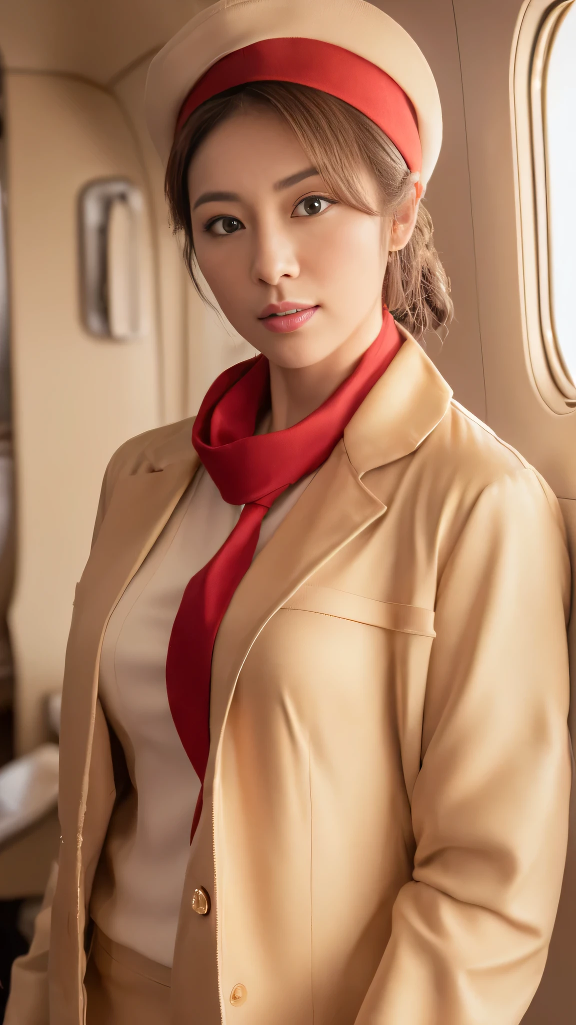(8k, best quality, masterpiece, golden ratio composition,:1.3), (Zoom out shot:1.2), (A beautiful Japanese mature woman dressed in a classic flight attendant uniform, fitted beige jacket, white blouse, red neck scarf, ,very small and short neck scarf, small red hat ,light makeup:1.3), (huge breasts), standing in an airplane cabin