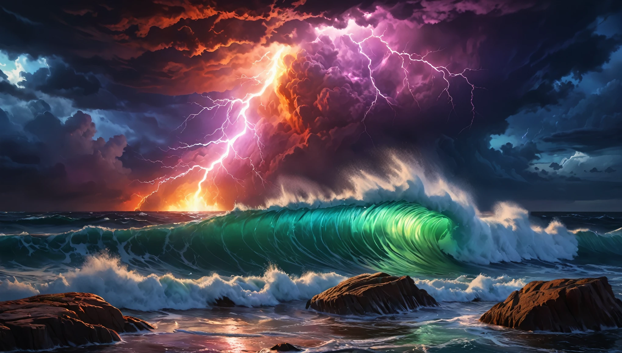 A close up of a wave with a lightning bolt in the sky - SeaArt AI
