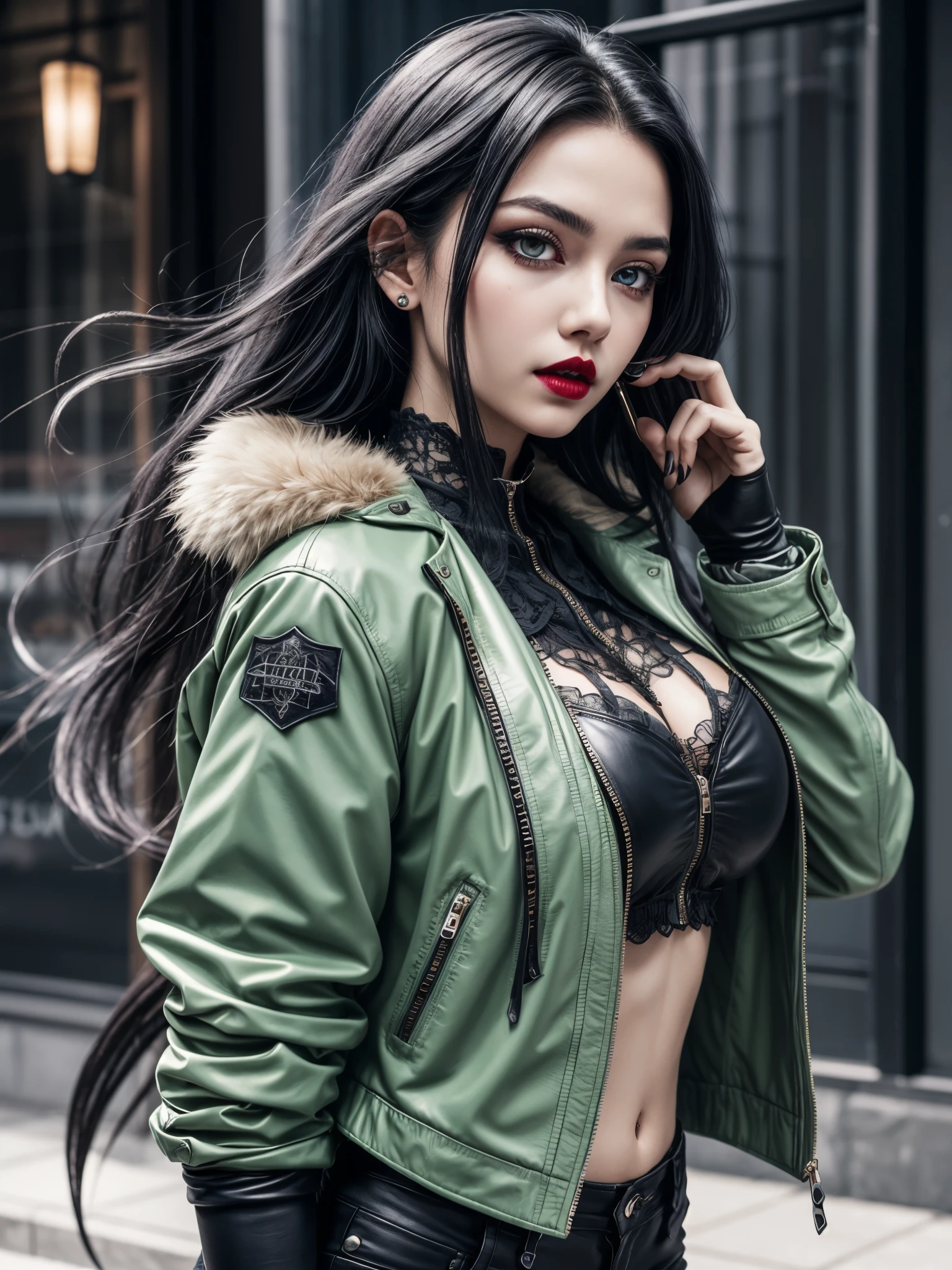 1girl, very long straight black hair, thick hair, detailed face, thick eyeshadow, cold filter, arabs, gothic style, intricate leather design green jacket, frilly black shirt, black veil, red lips, blue pupils, navel piercing, gigantic breasts, 