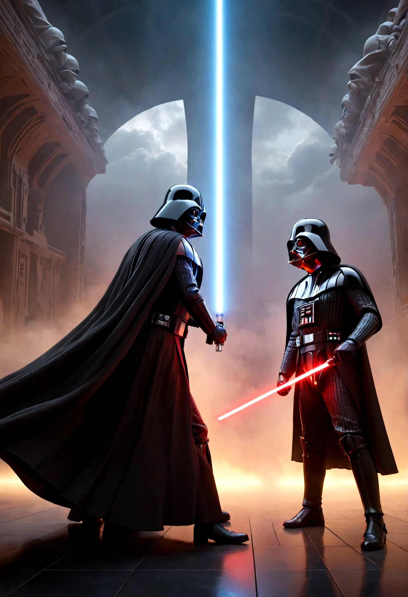 a dramatic battle between Luke Skywalker and Darth Vader, playing powerful, emotional guitar dueling power ballads in the Cloud City of Bespin, cinematic, epic, highly detailed, masterpiece, dynamic lighting, volumetric fog, dramatic shadows, intense colors, chiaroscuro, moody, atmospheric, photorealistic, 8K
