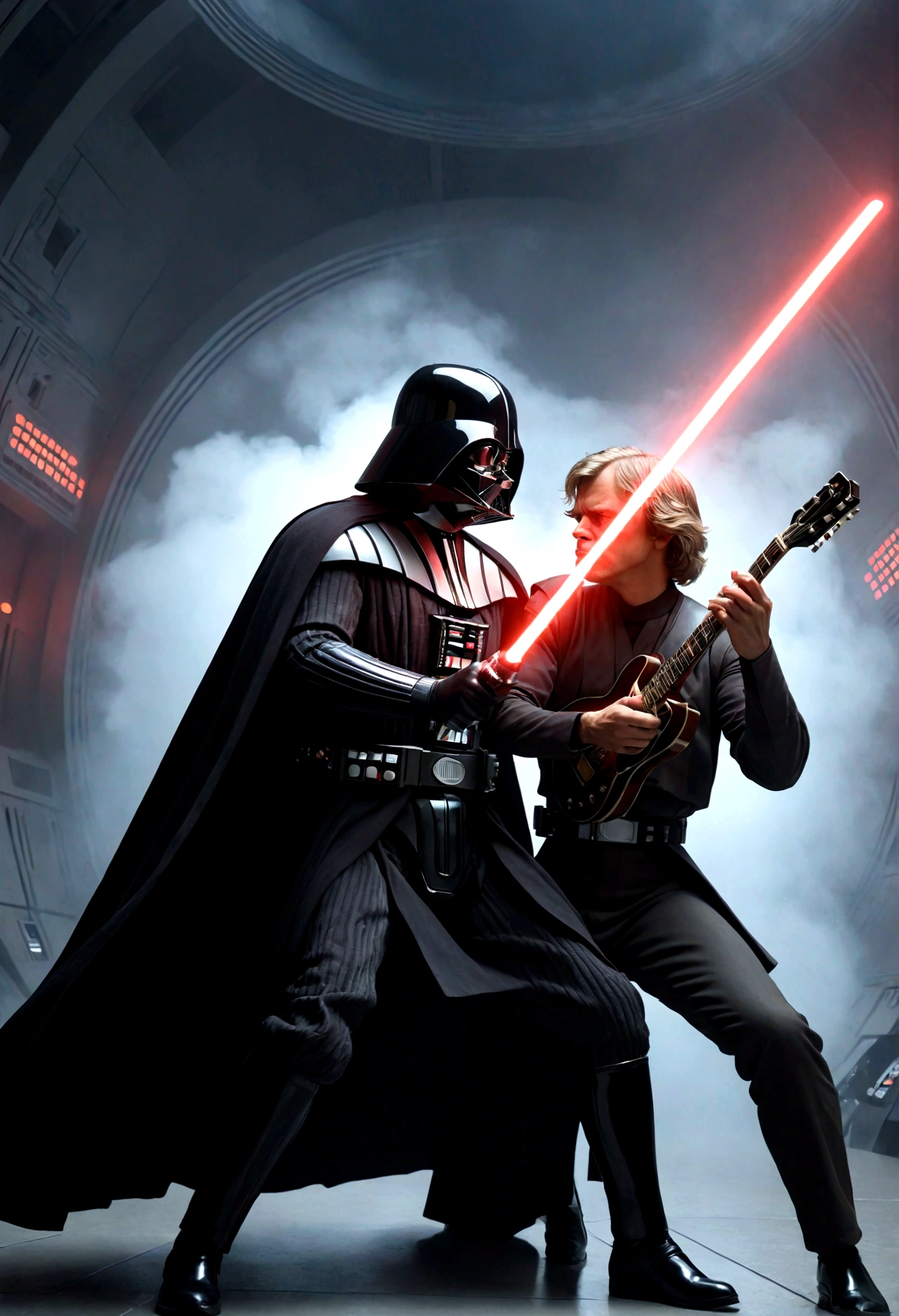 a dramatic battle between Luke Skywalker and Darth Vader, playing powerful, emotional guitar dueling power ballads in the Cloud City of Bespin, cinematic, epic, highly detailed, masterpiece, dynamic lighting, volumetric fog, dramatic shadows, intense colors, chiaroscuro, moody, atmospheric, photorealistic, 8K